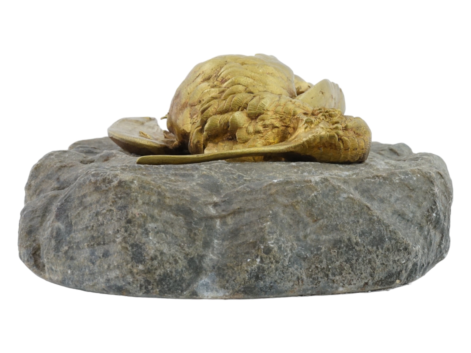 VINTAGE BRONZE SCULPTURE OF A DECEASED BIRD ON STONE PIC-3