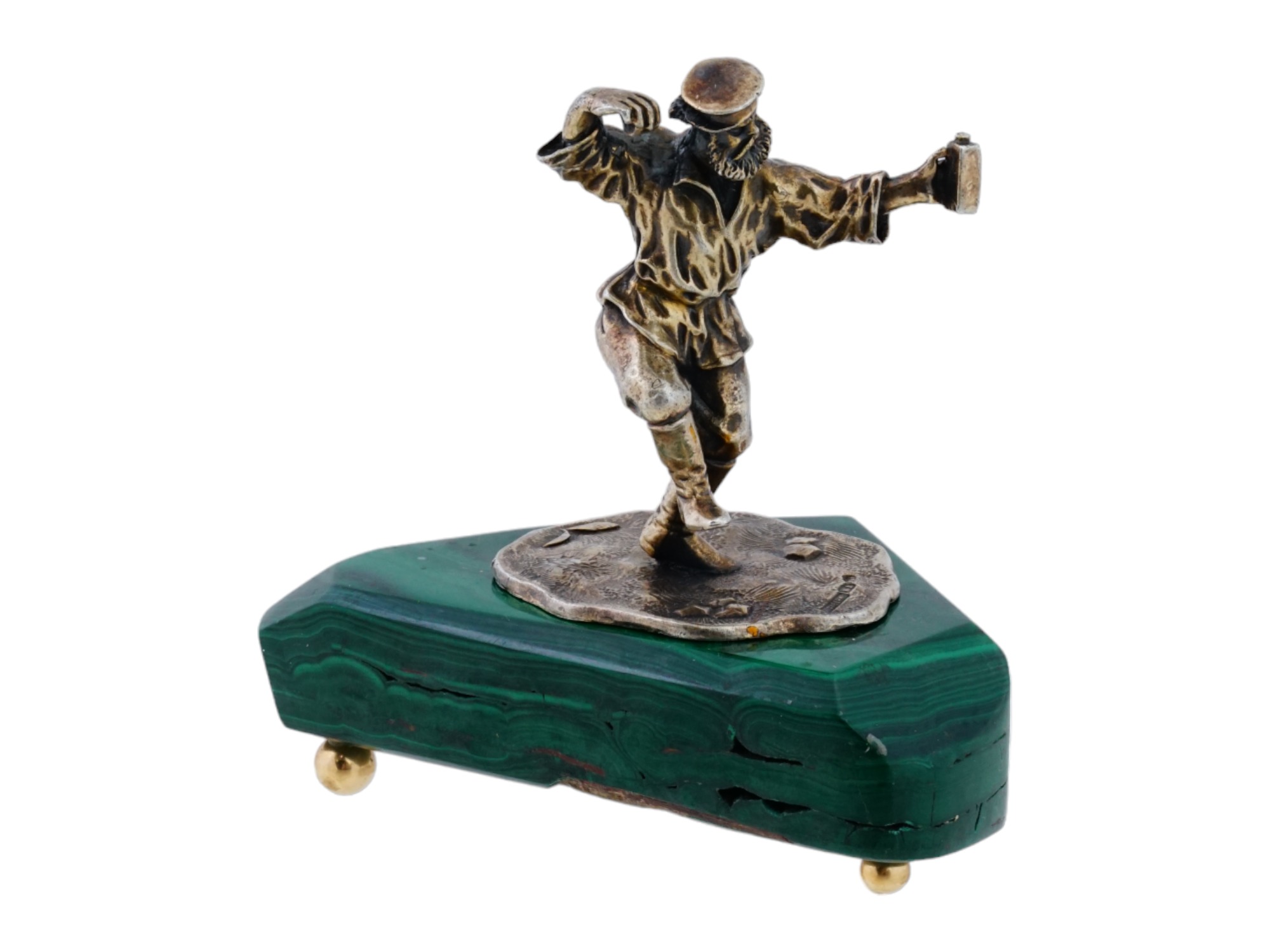 RUSSIAN SILVER DANCING MUZHIK FIGURE ON MALACHITE BASE PIC-0