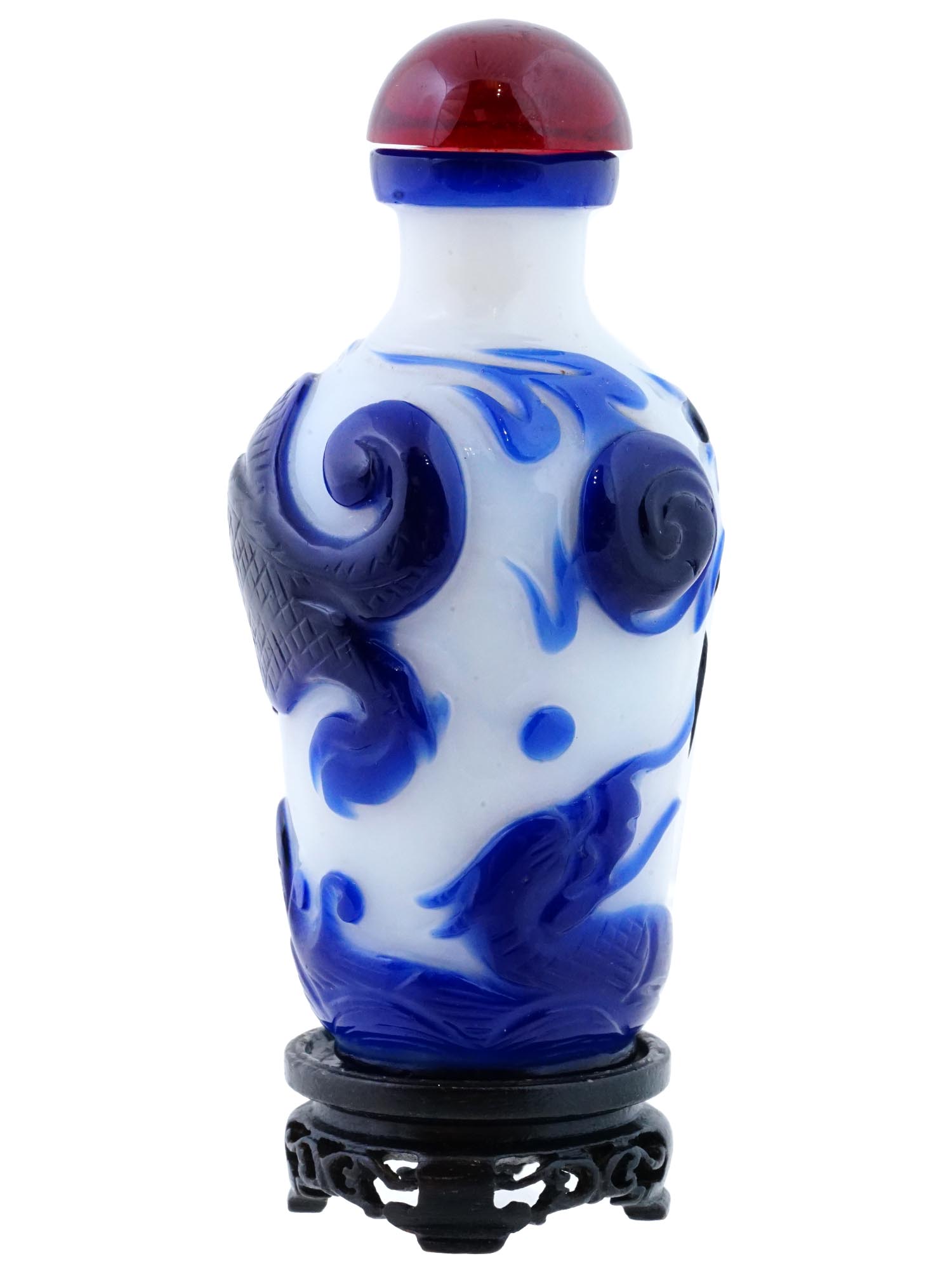 CHINESE BLUE WHITE PEKING GLASS SNUFF BOTTLE W STAND PIC-4