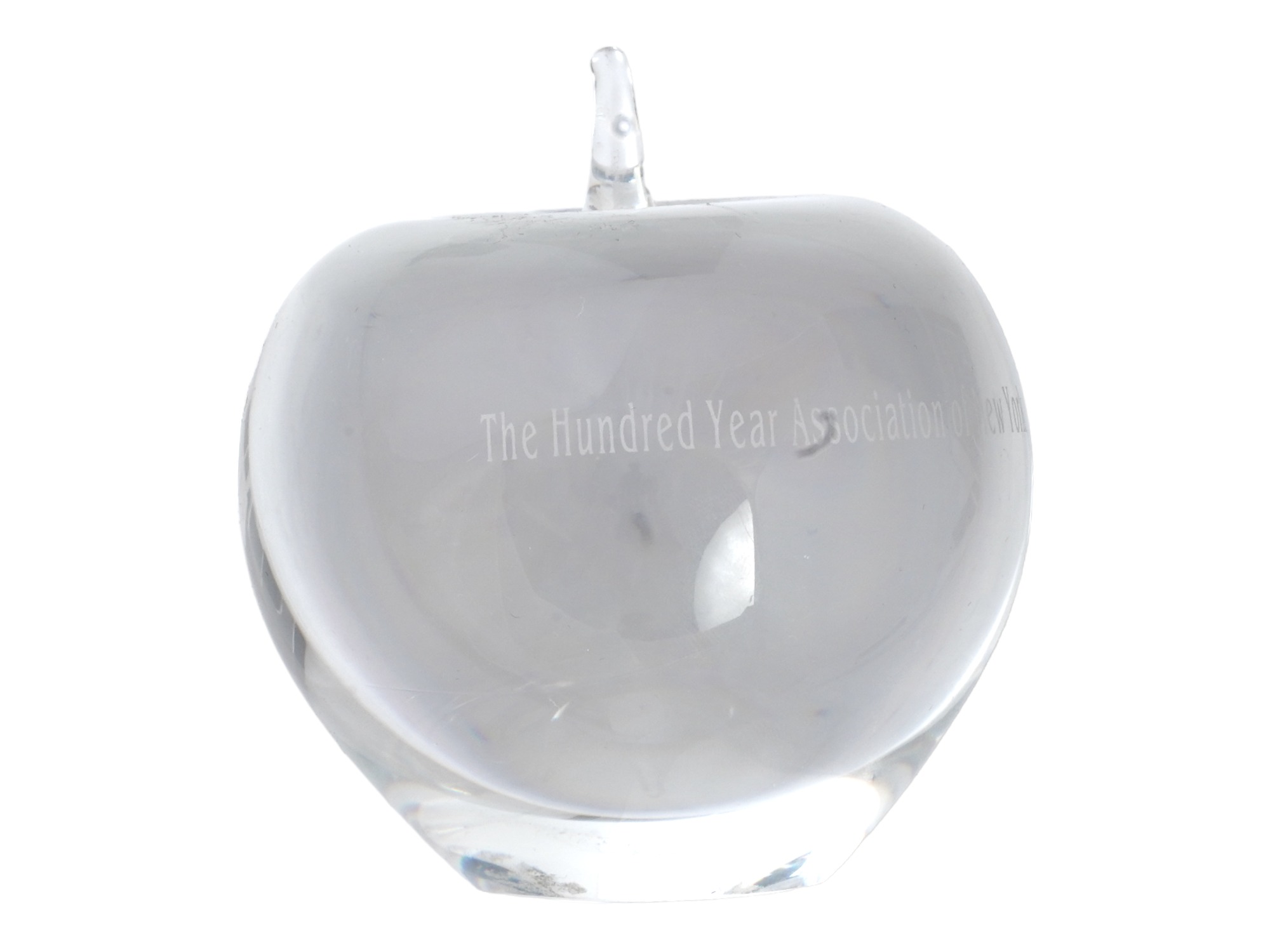 TIFFANY CO ETCHED GLASS APPLE FIGURAL PAPERWEIGHT PIC-2