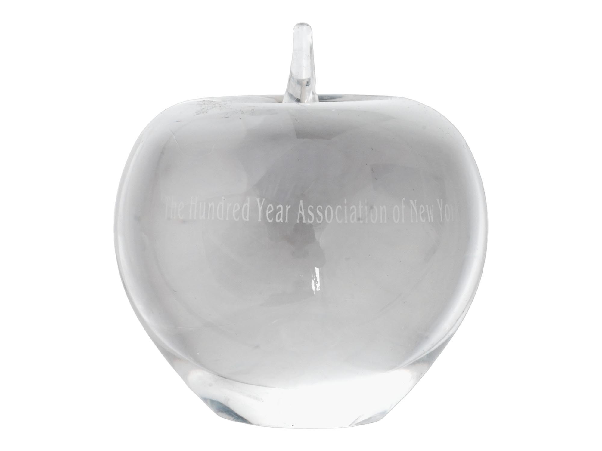 TIFFANY CO ETCHED GLASS APPLE FIGURAL PAPERWEIGHT PIC-0