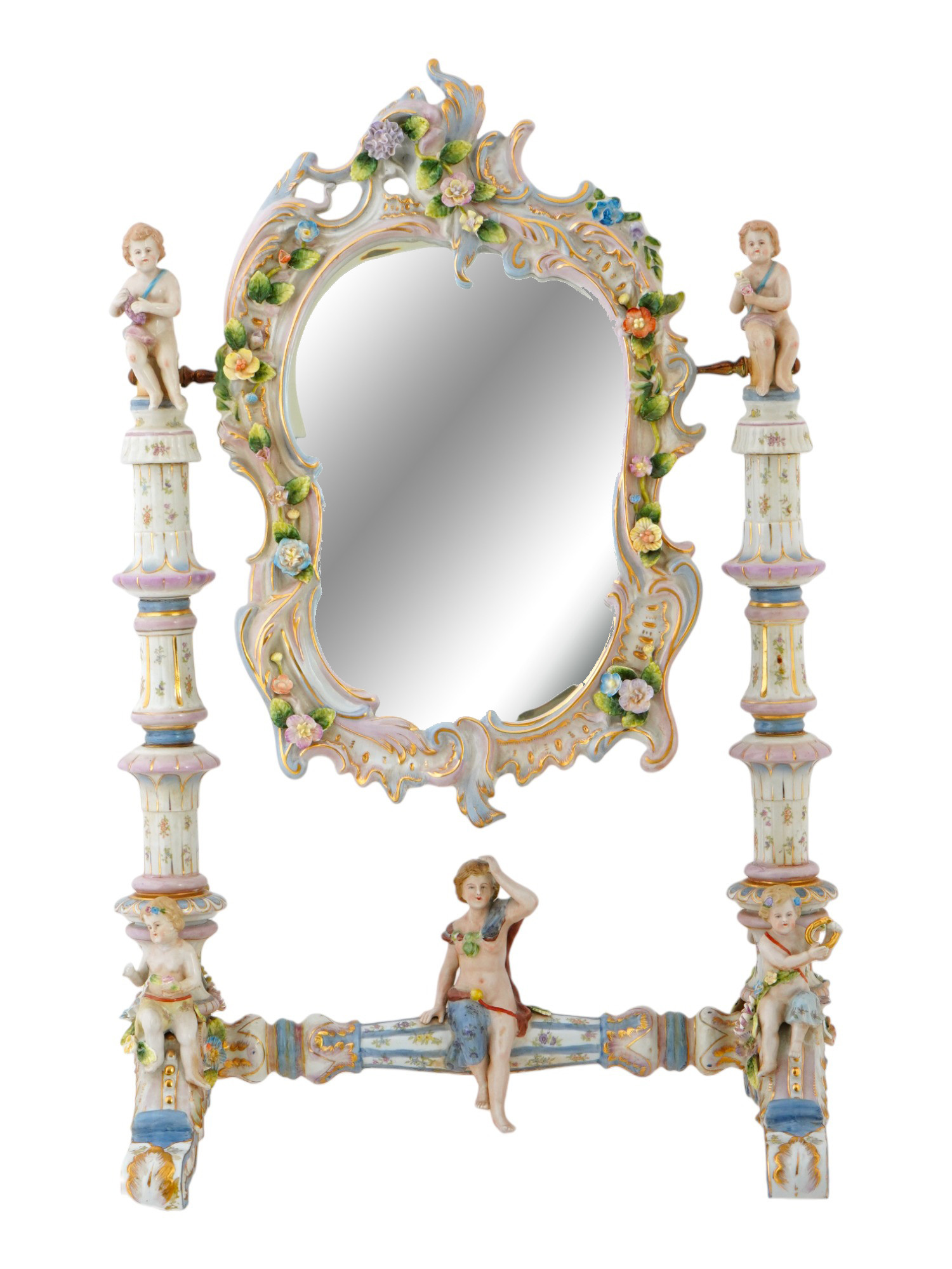 ANTIQUE GERMAN ROCOCO HAND PAINTED PORCELAIN MIRROR PIC-0