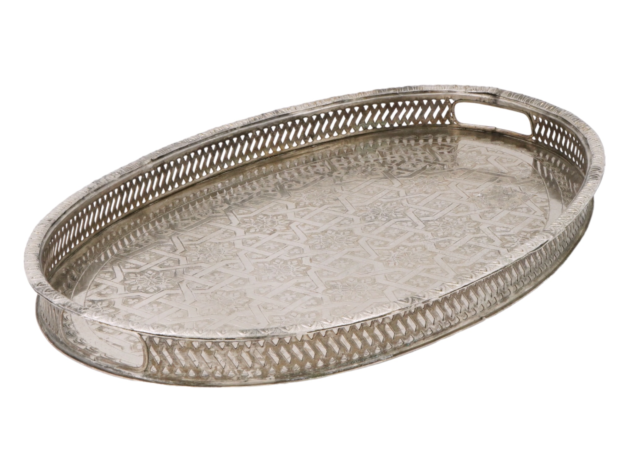 VINTAGE OVAL MOROCCAN STERLING SILVER TRAY PIC-1