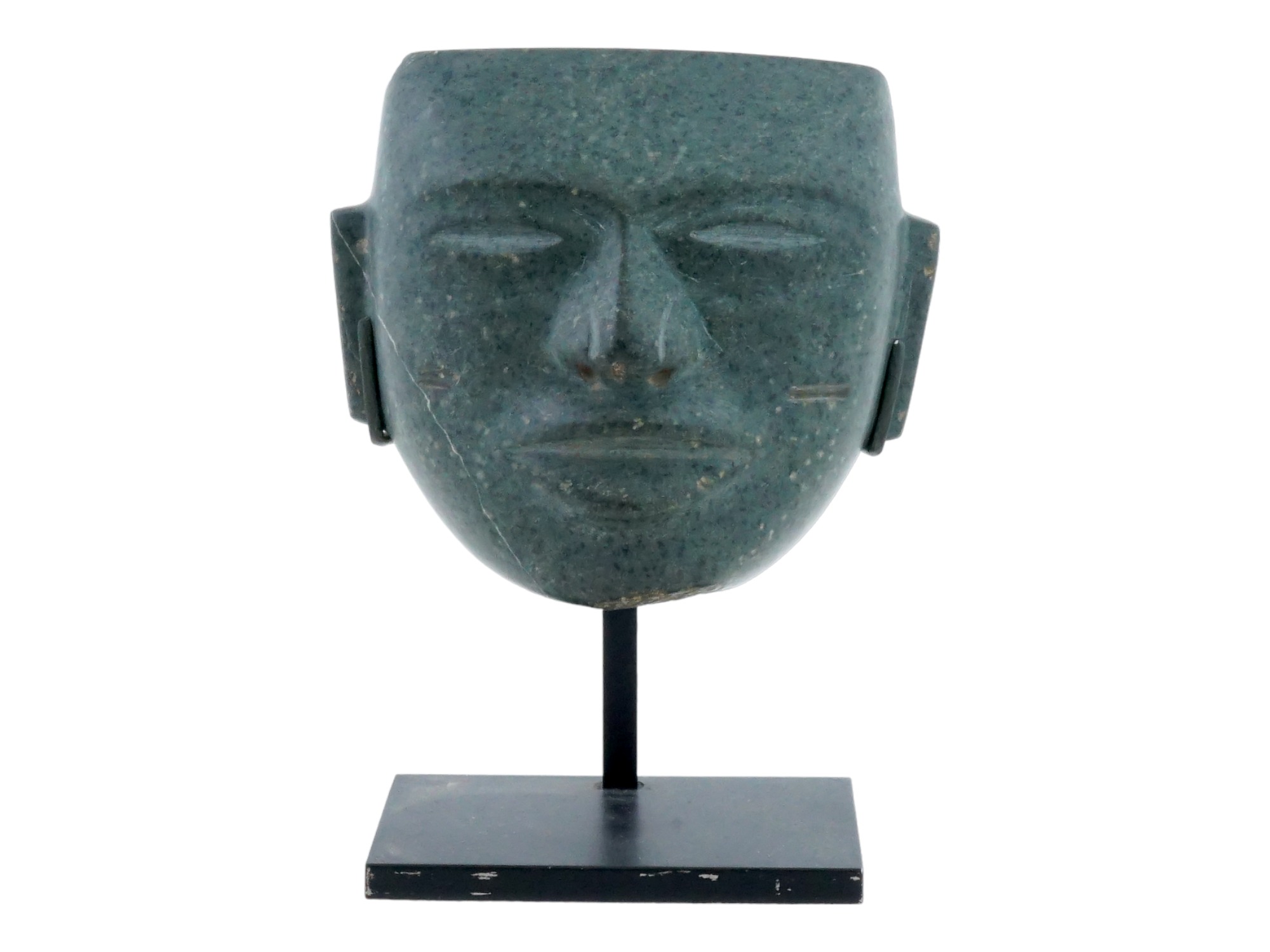 ANCIENT MESOAMERICAN OLMEC HEAD OF DARK GREEN STONE PIC-0