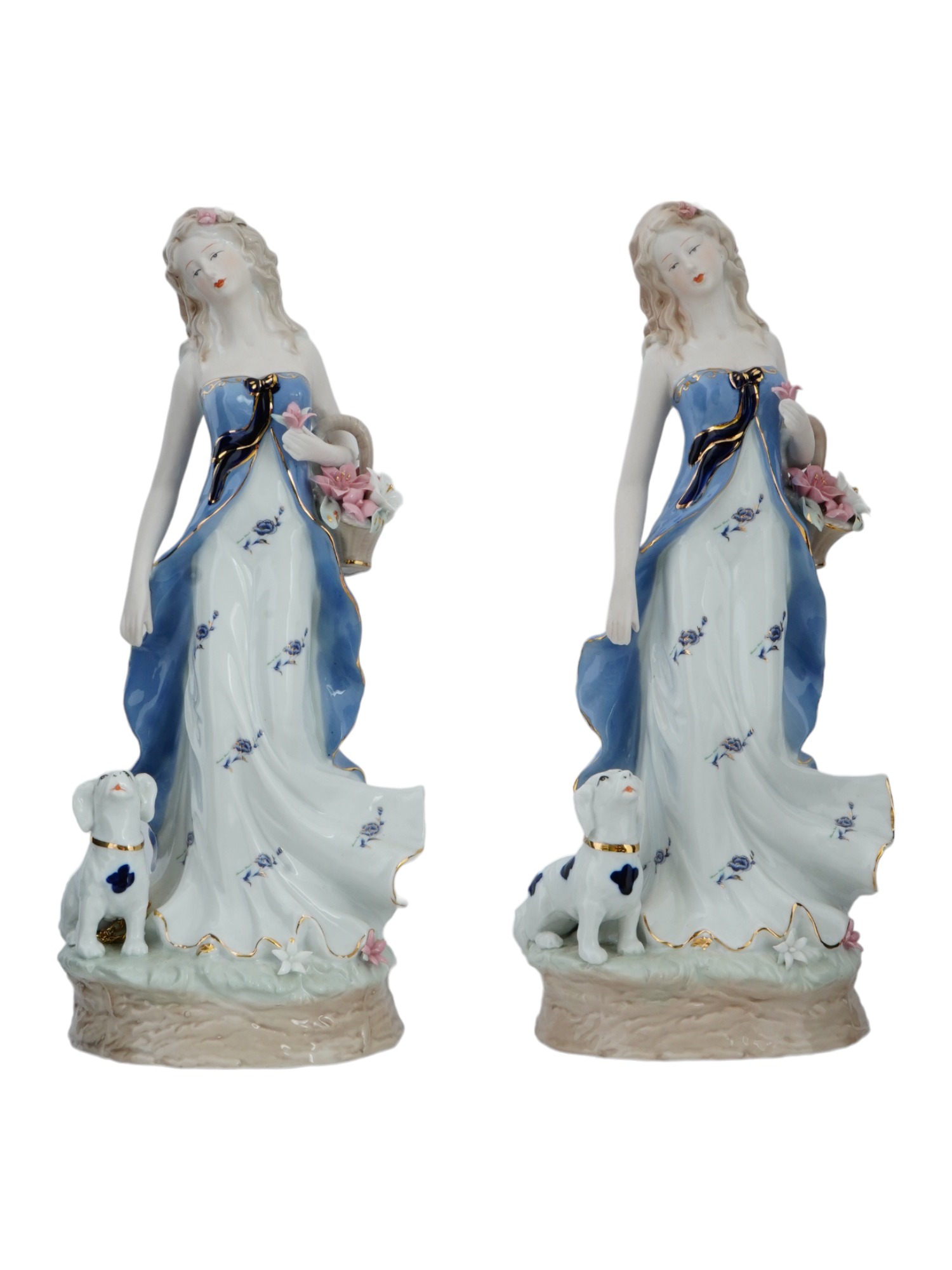 LARGE VINTAGE PORCELAIN FEMALE FIGURINES WITH DOGS PIC-0