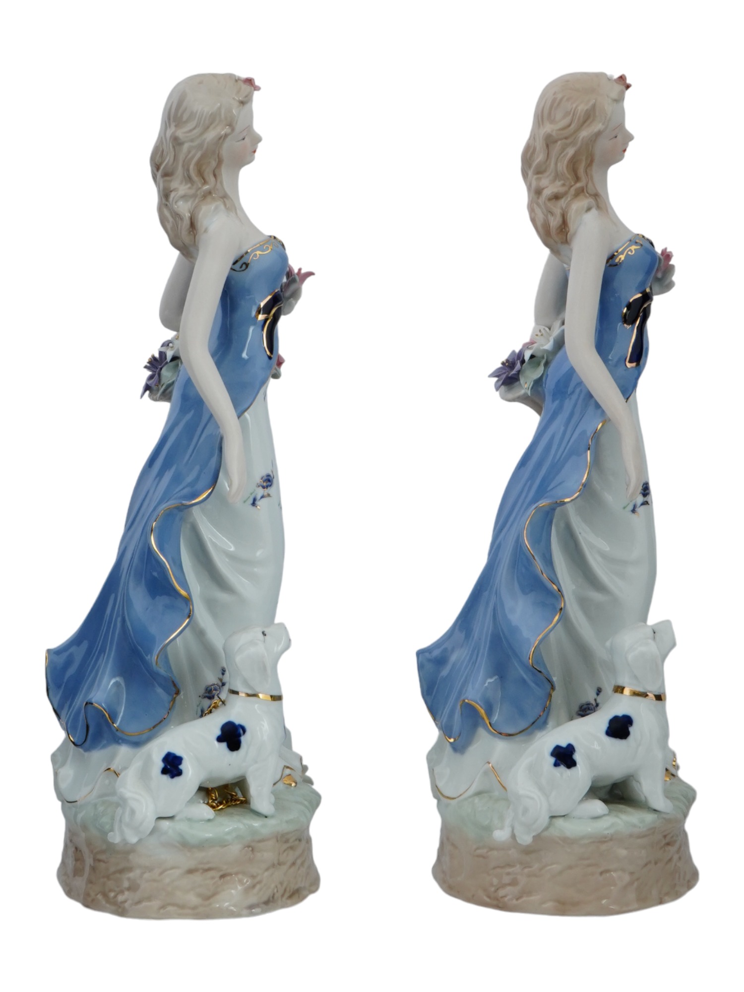 LARGE VINTAGE PORCELAIN FEMALE FIGURINES WITH DOGS PIC-1