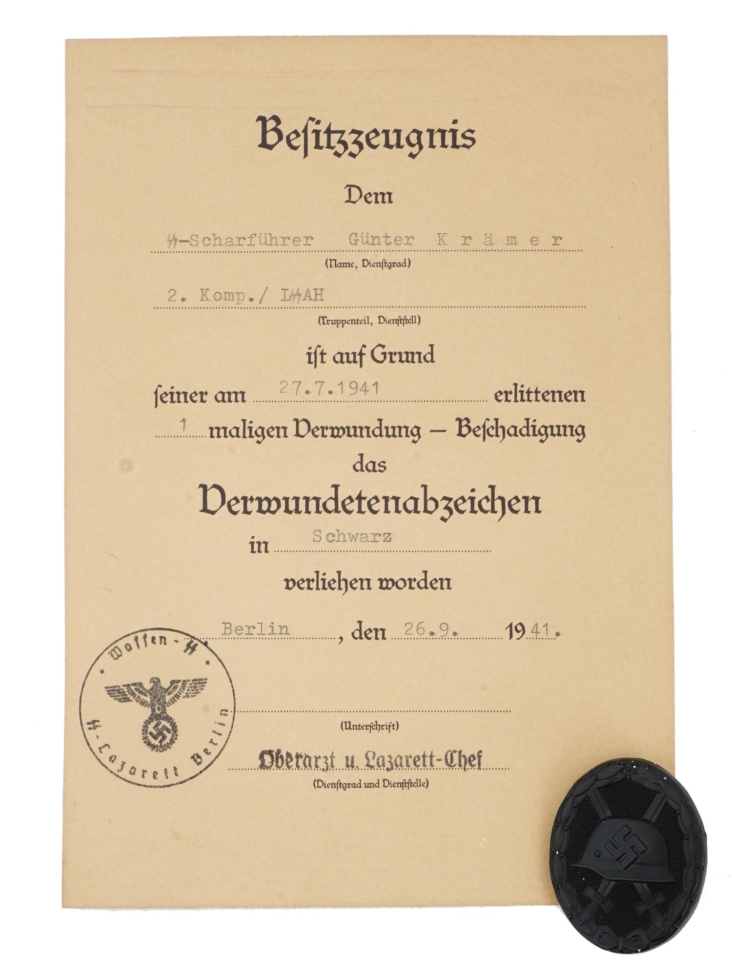 GERMAN WWII WOUND BADGE WITH CERTIFICATE PIC-0