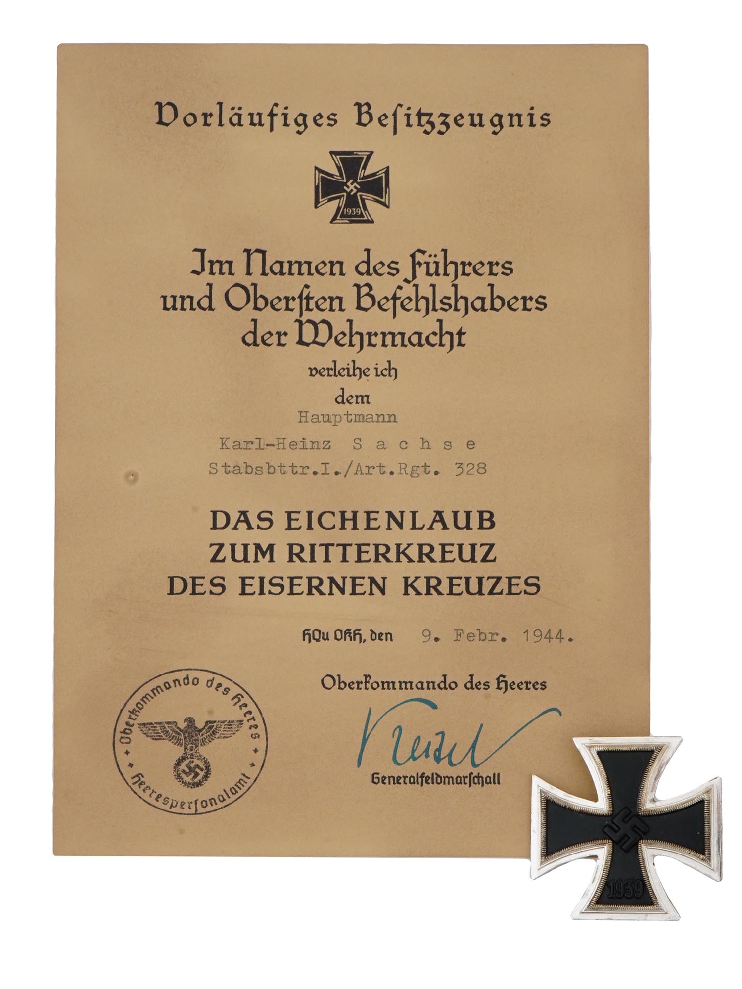 GERMAN WWII KNIGHTS CROSS MEDAL WITH CERTIFICATE PIC-0