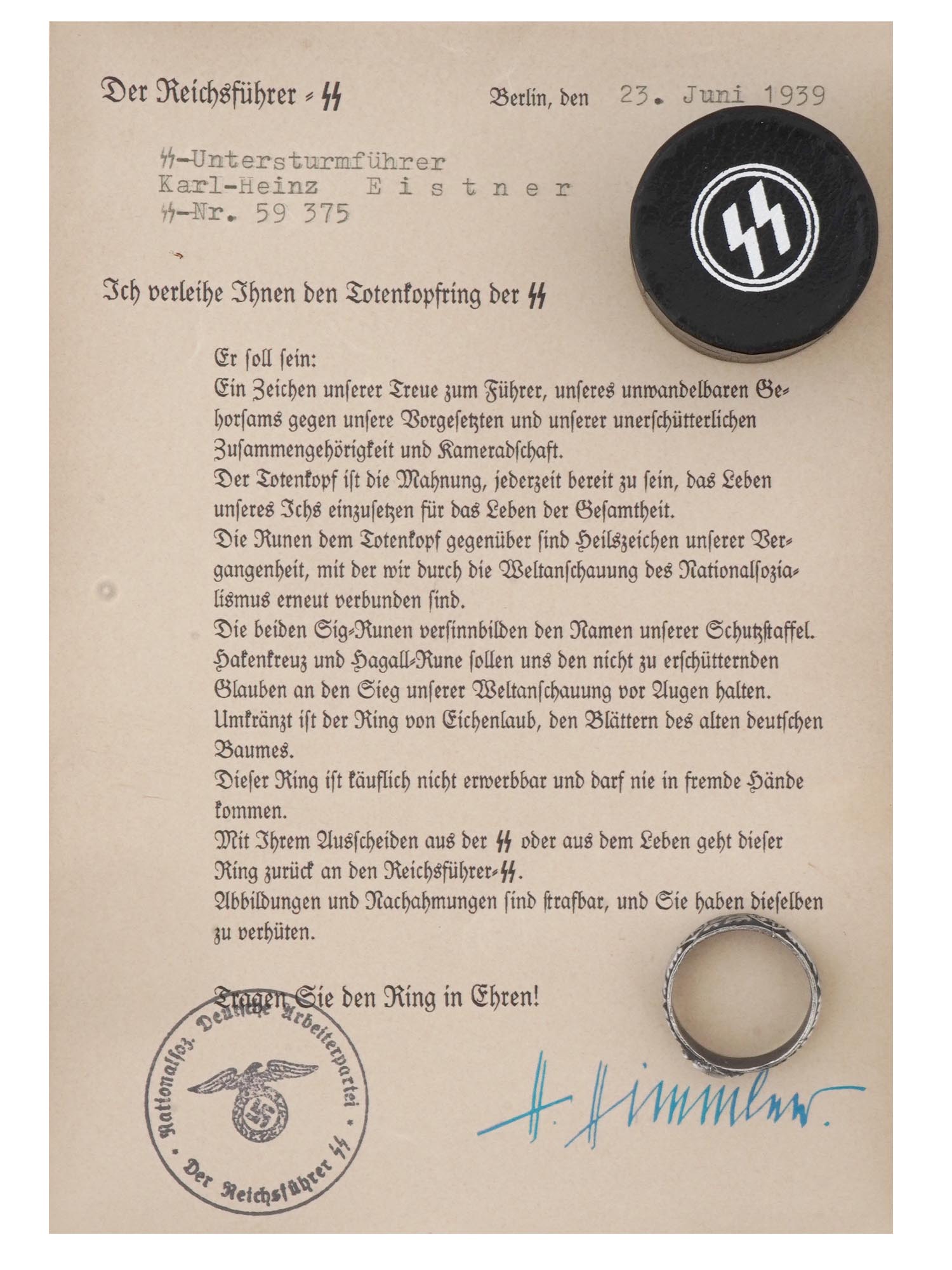 GERMAN WWII SS HONOR RING WITH AWARD CERTIFICATE PIC-0