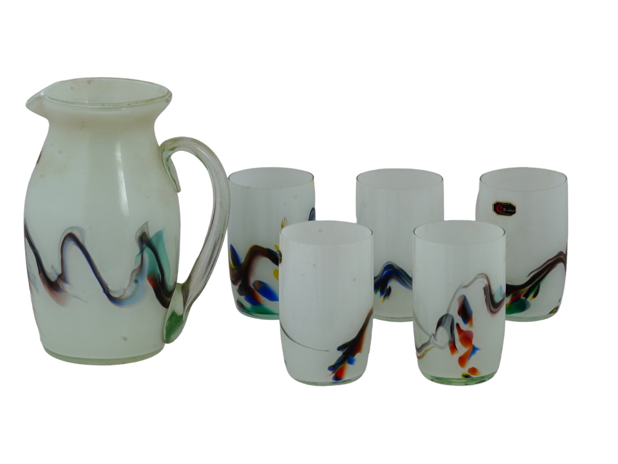 CHINESE DANDONG SET OF ART GLASS CUPS AND PITCHER PIC-0
