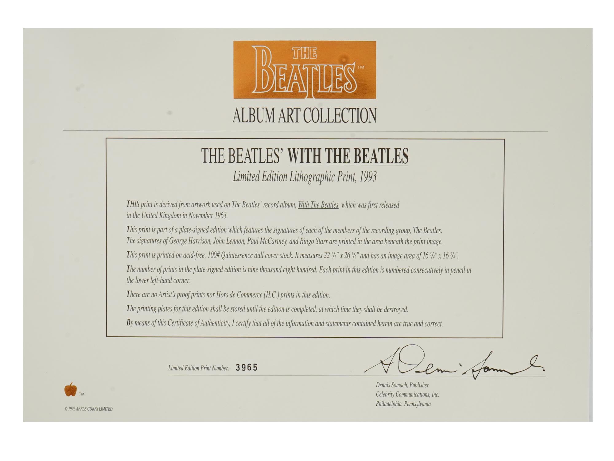 SIGNED LIMITED EDITION LITHOGRAPHIC PRINT BEATLES 1993 PIC-6