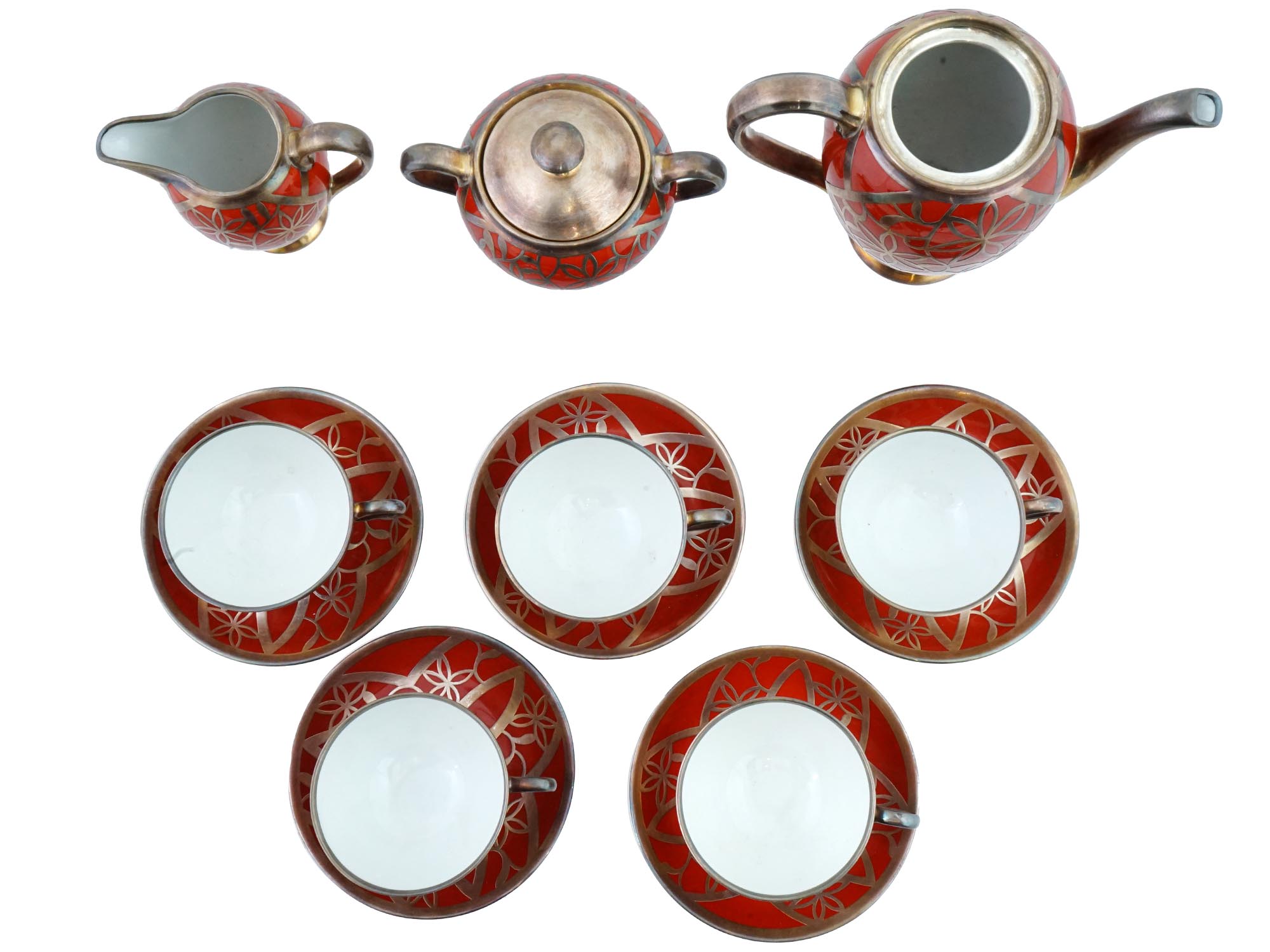 GERMAN THOMAS SILVER OVERLAYS PORCELAIN COFFEE SET PIC-1