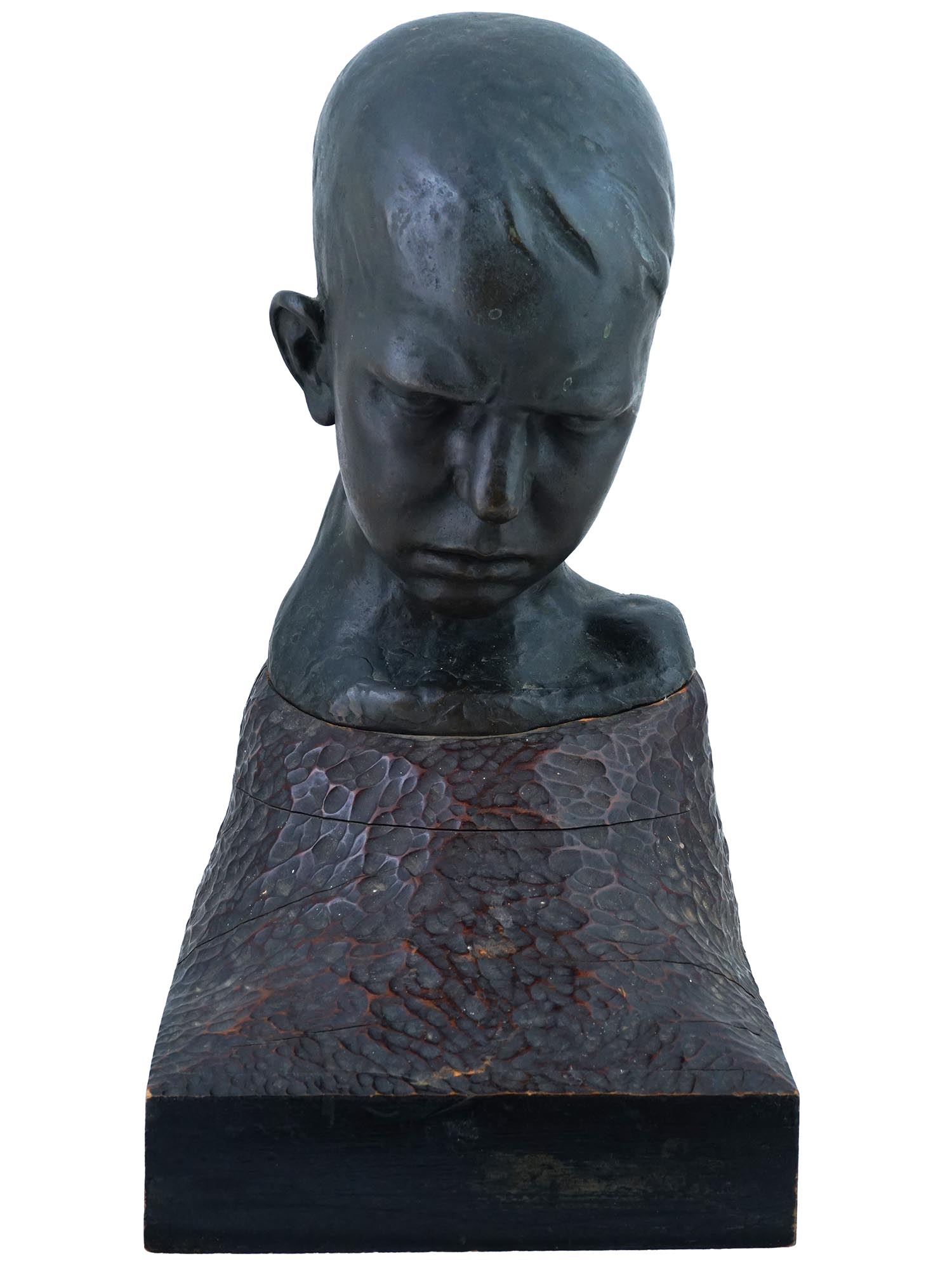 BRONZE AND WOOD MALE BUST BY GUILLERMO GIANNINAZZI PIC-1