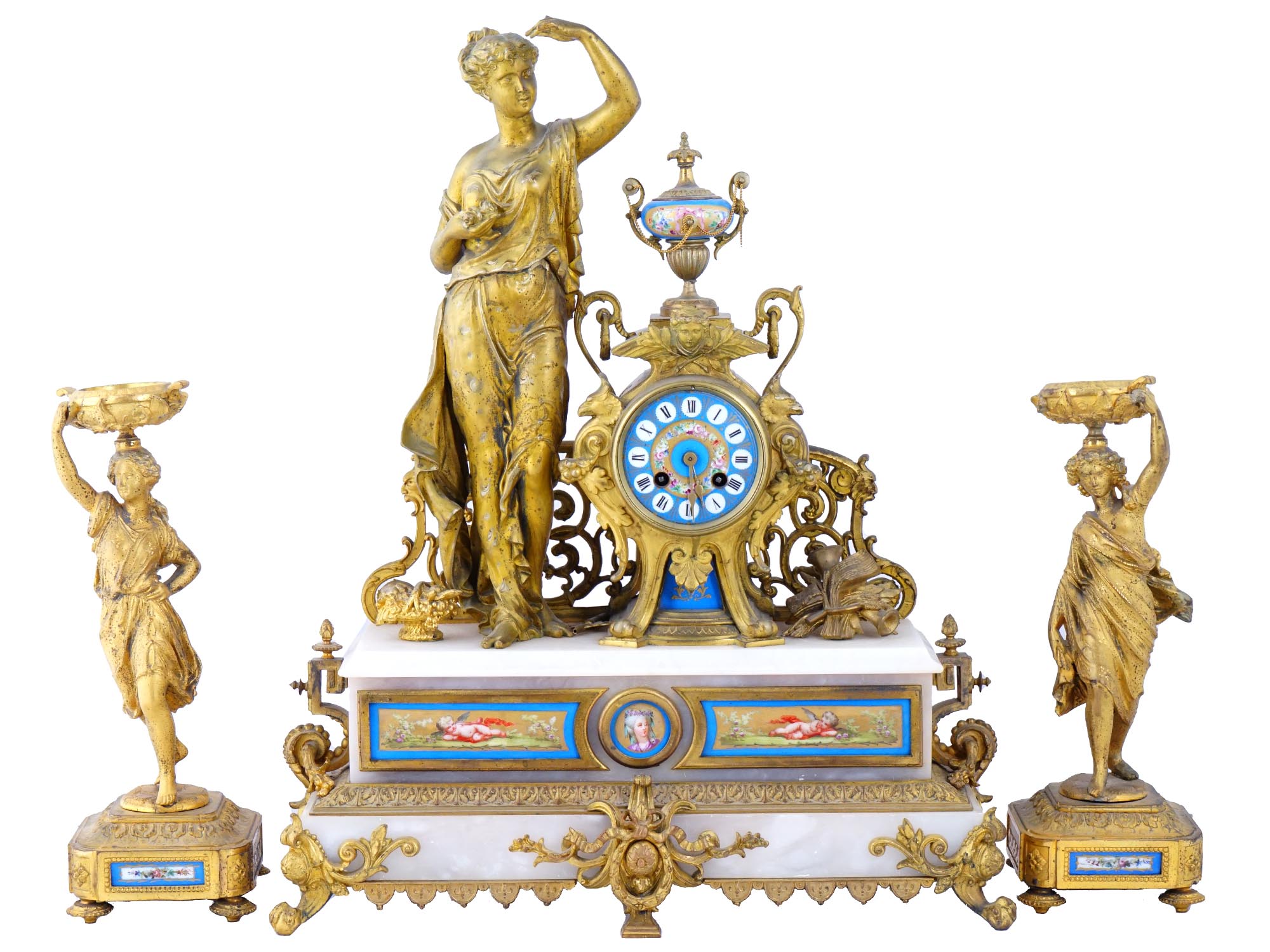 ANTIQUE SEVRES GILT MANTEL CLOCK AND CANDLESTICKS PIC-0