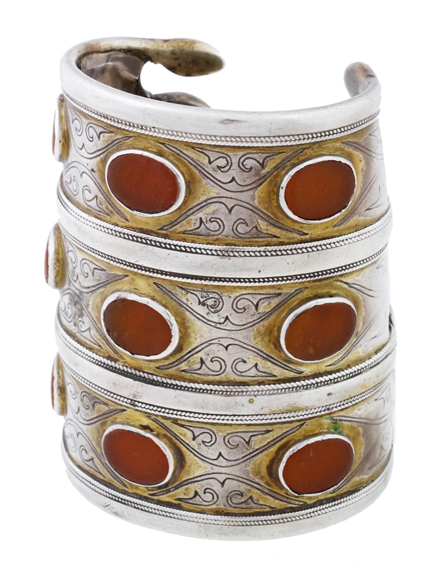 ANTIQUE TURKMEN GILT SILVER CARNELIAN CUFF BRACELETS PIC-1