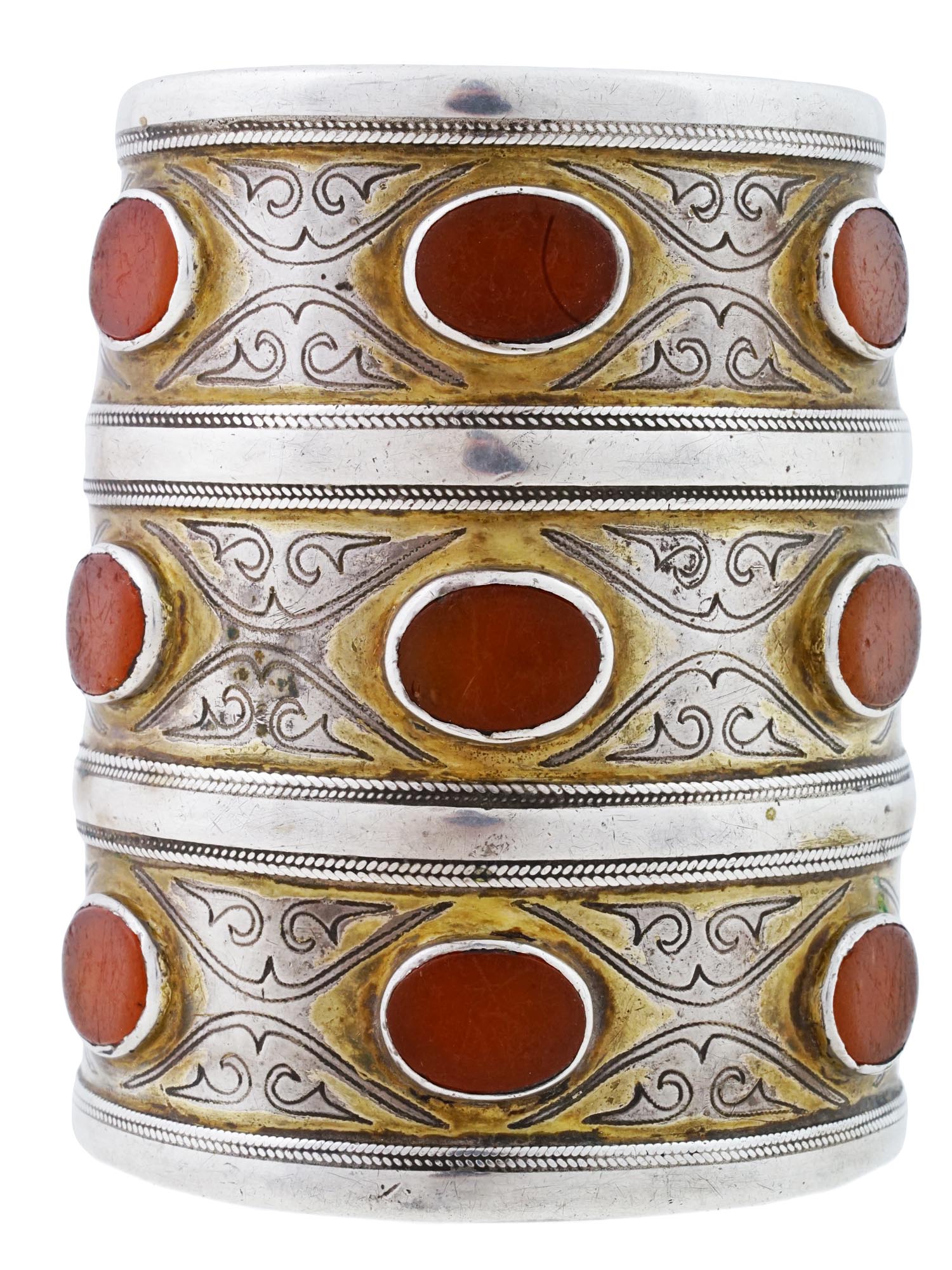 ANTIQUE TURKMEN GILT SILVER CARNELIAN CUFF BRACELETS PIC-0