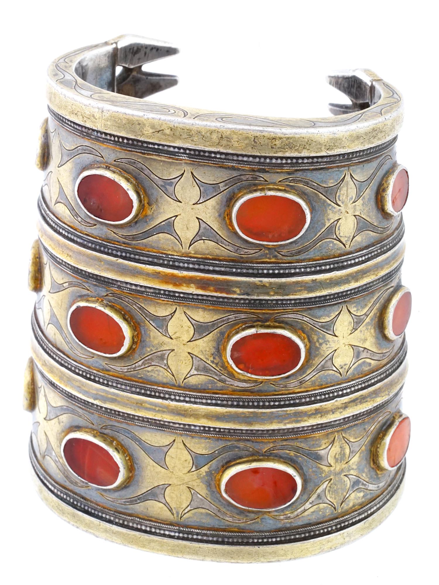 ANTIQUE TURKMEN GILT SILVER CARNELIAN CUFF BRACELETS PIC-1