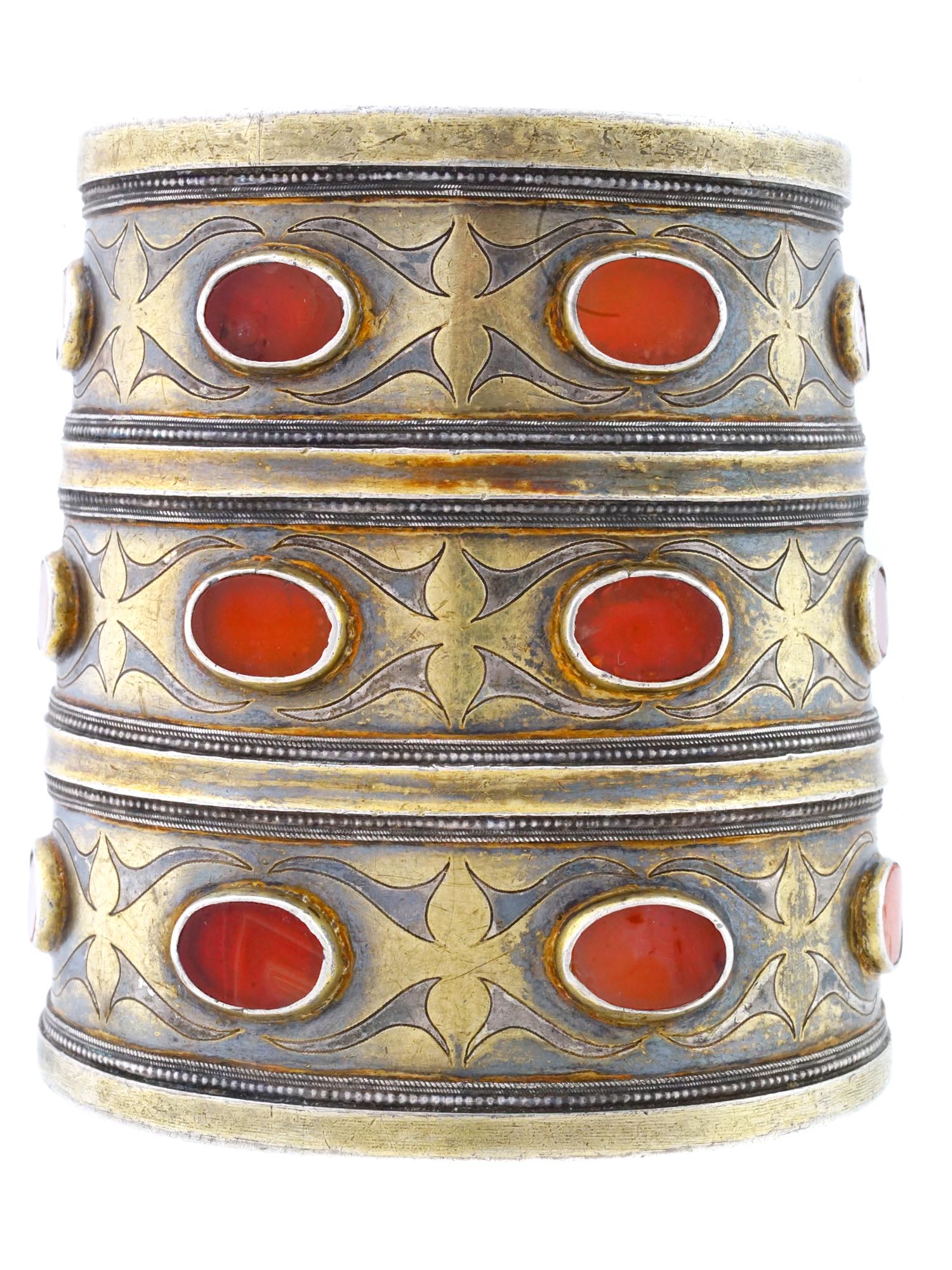 ANTIQUE TURKMEN GILT SILVER CARNELIAN CUFF BRACELETS PIC-0