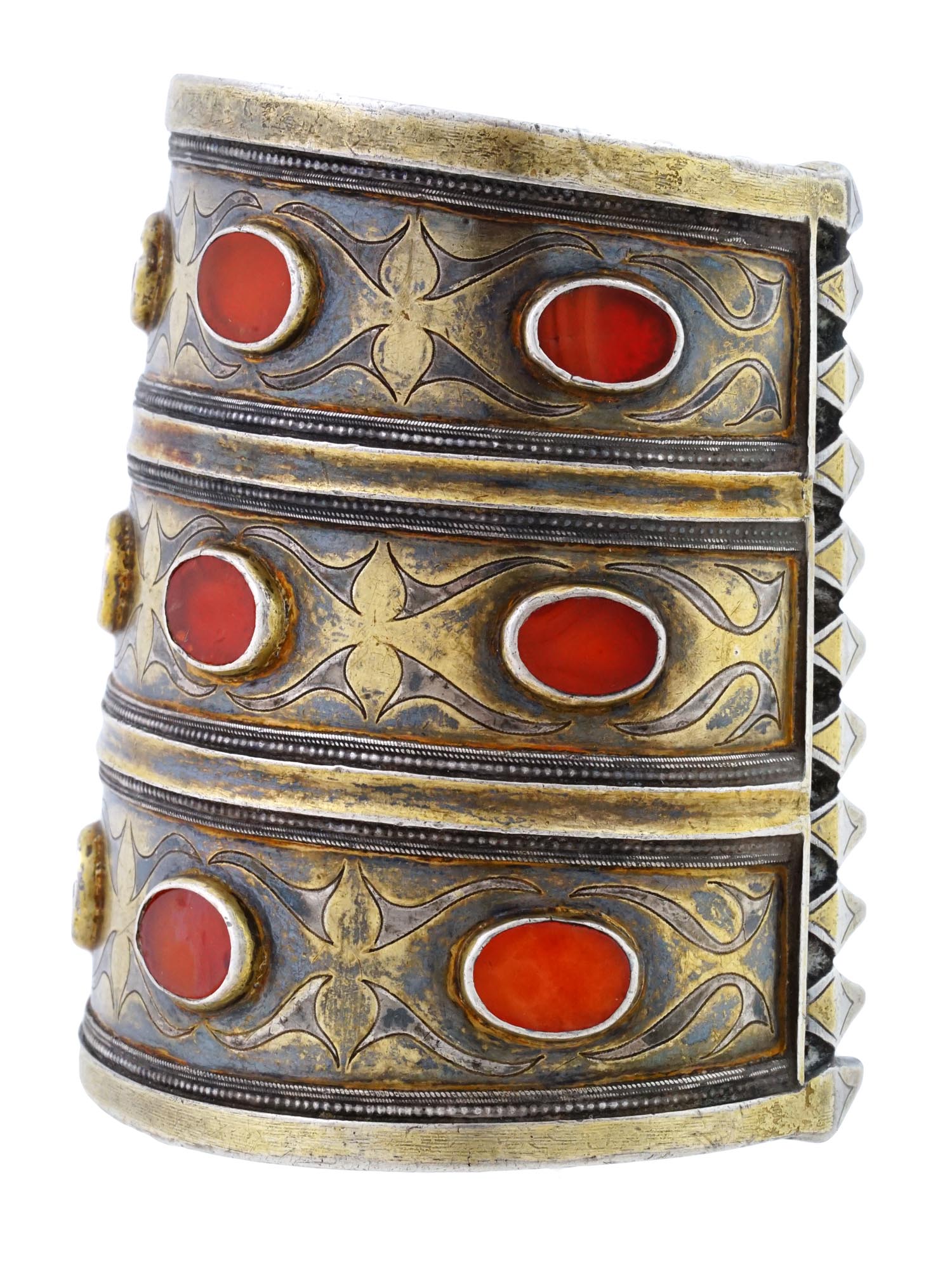 ANTIQUE TURKMEN GILT SILVER CARNELIAN CUFF BRACELETS PIC-4