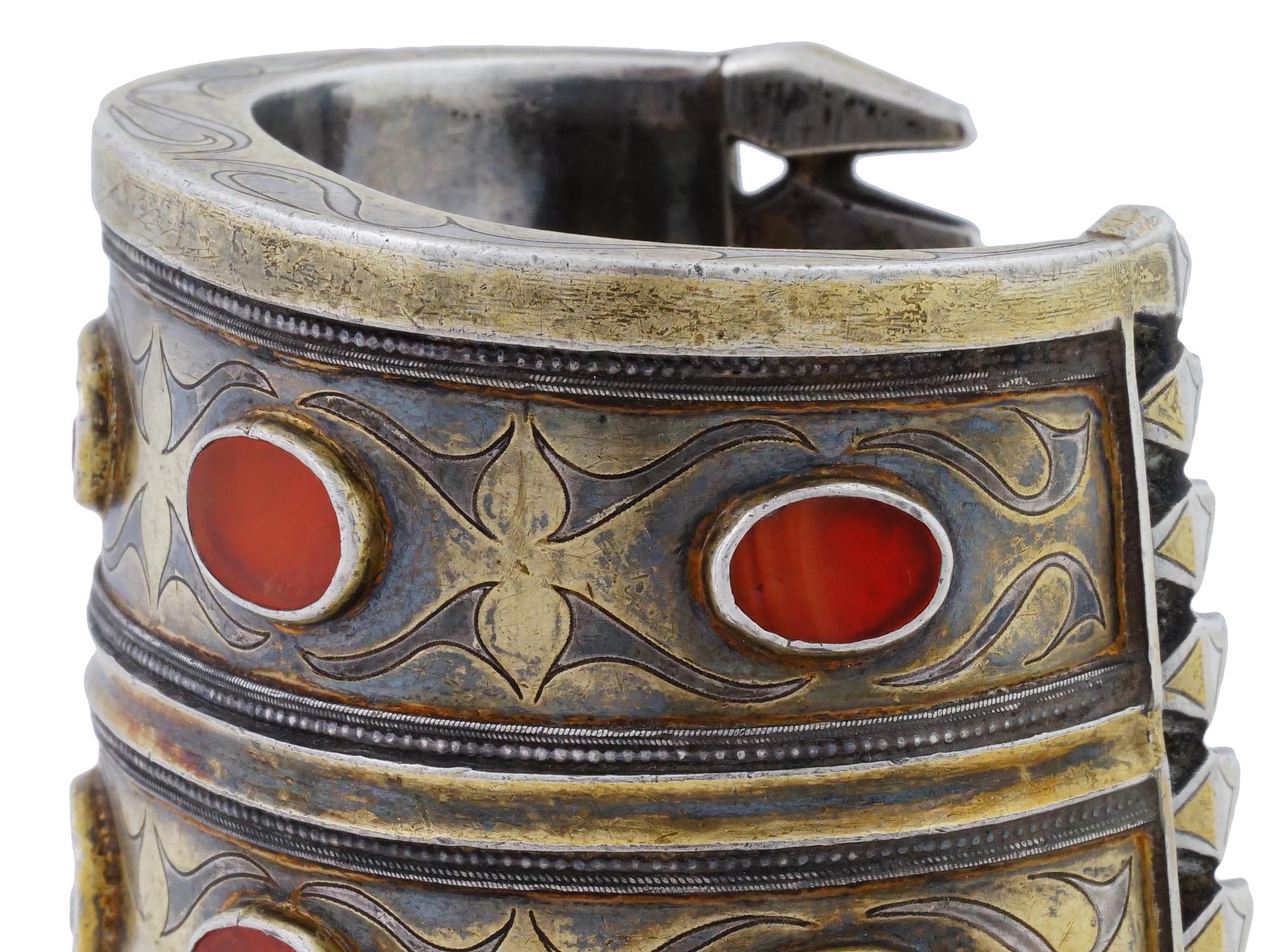 ANTIQUE TURKMEN GILT SILVER CARNELIAN CUFF BRACELETS PIC-7