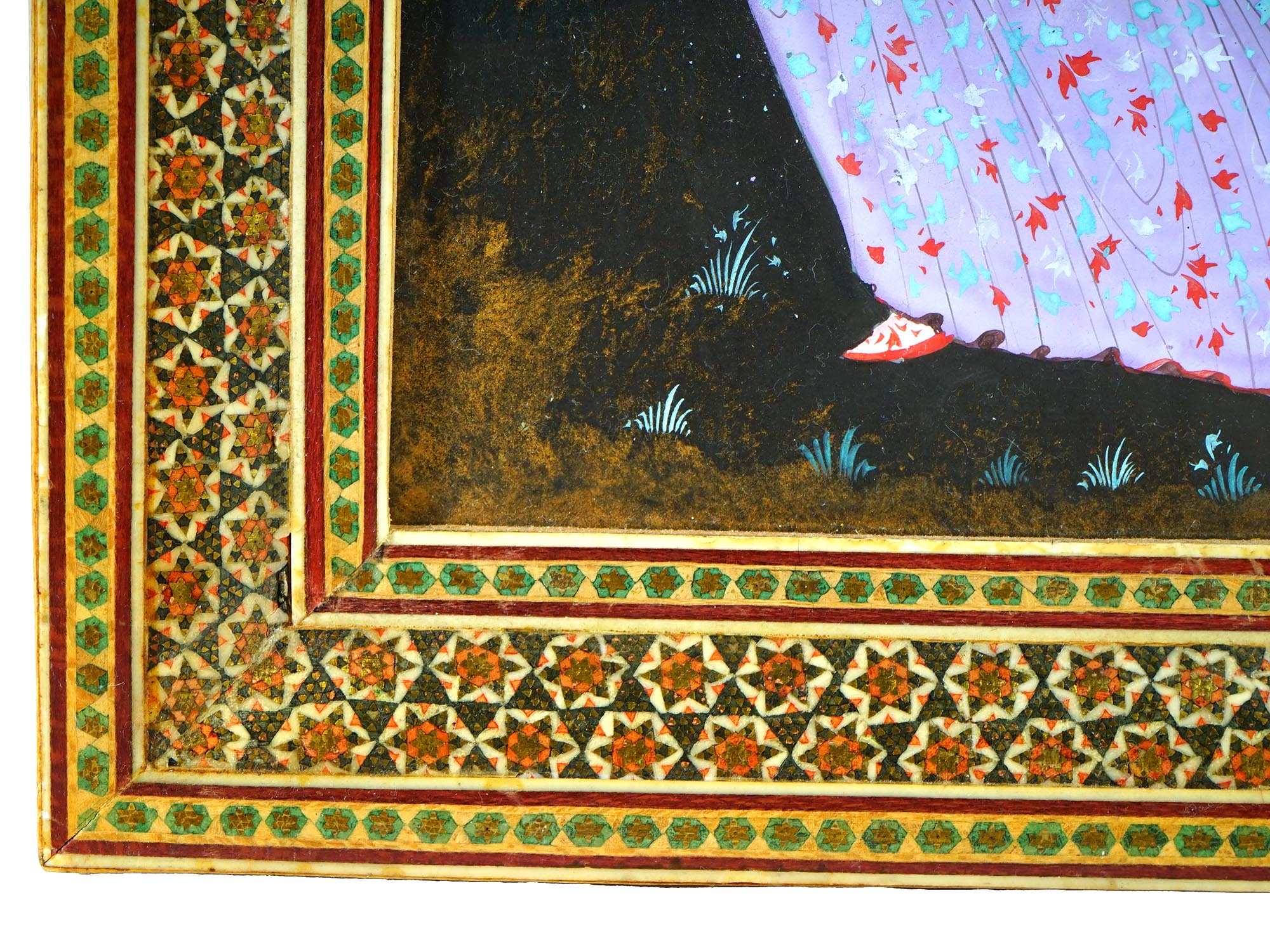 ANTIQUE PERSIAN SAFAVID PAINTING IN MARQUETRY FRAME PIC-2