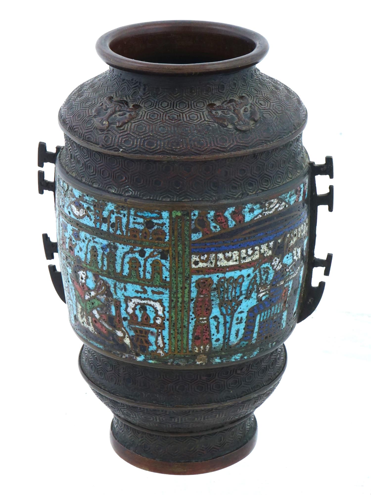 CHINESE EGYPTIAN REVIVAL BRONZE CLOISONNE ENAMEL VASE PIC-1