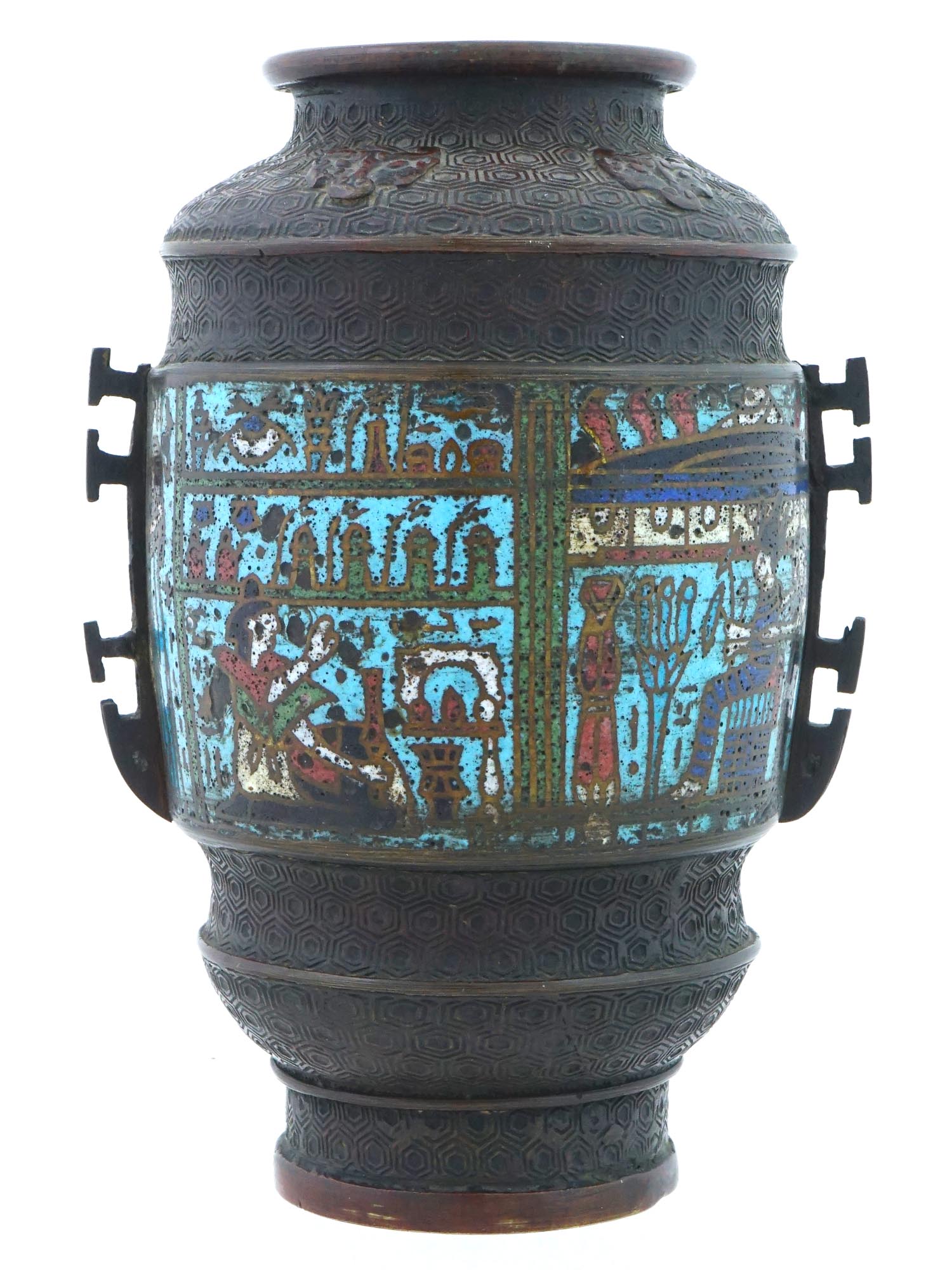 CHINESE EGYPTIAN REVIVAL BRONZE CLOISONNE ENAMEL VASE PIC-3