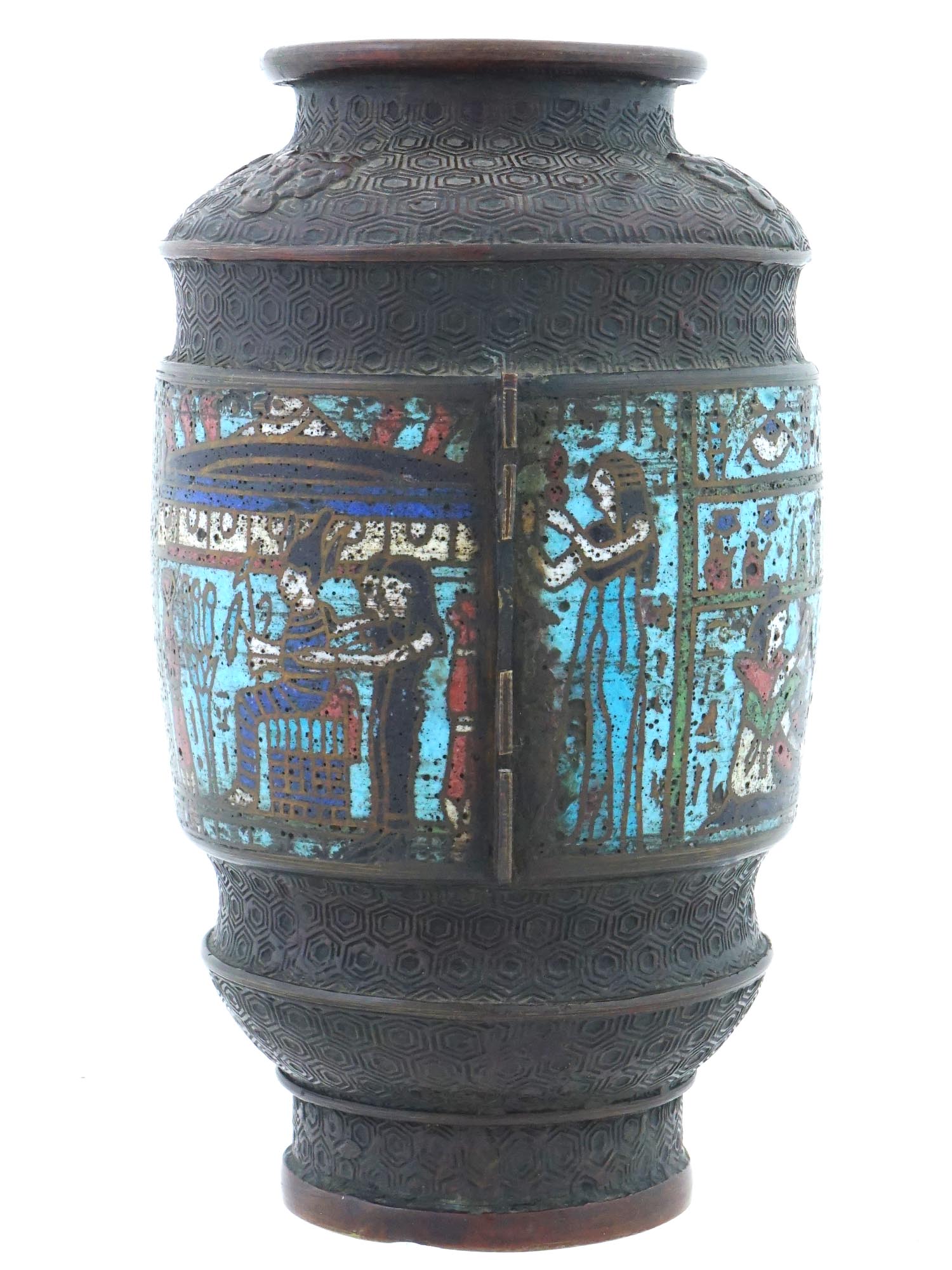 CHINESE EGYPTIAN REVIVAL BRONZE CLOISONNE ENAMEL VASE PIC-4