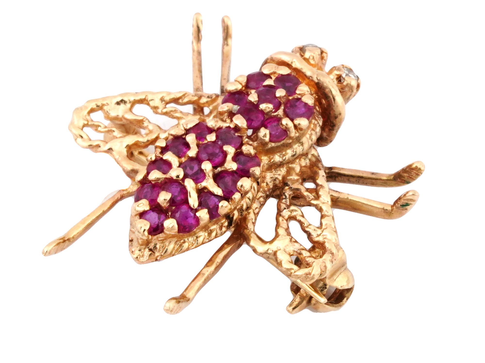 VINTAGE 14K GOLD BEE JEWELRY BROOCH WITH RUBIES PIC-1