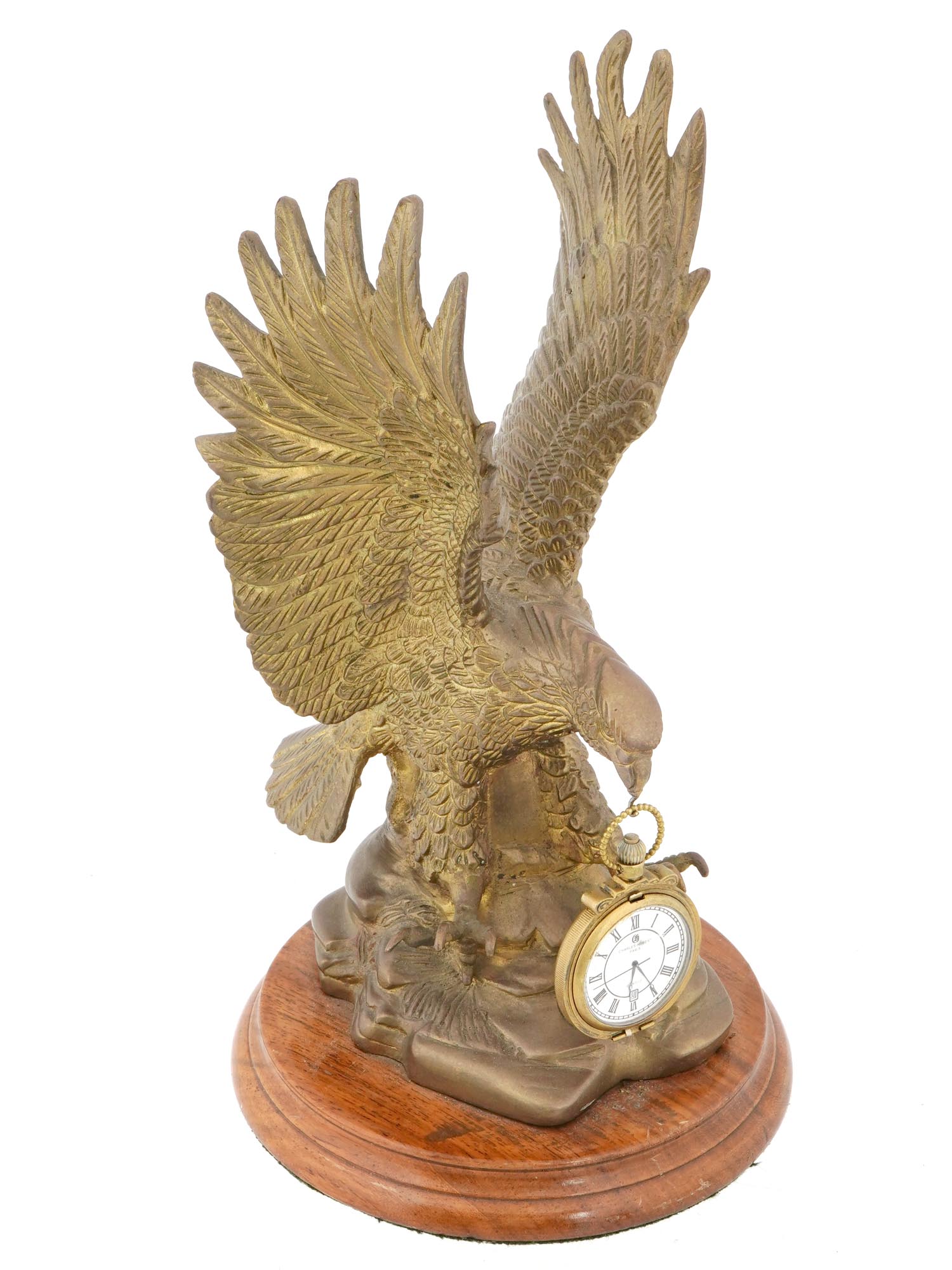 BRONZE EAGLE POCKET WATCH STAND W CHARLES HUBERT CLOCK PIC-0