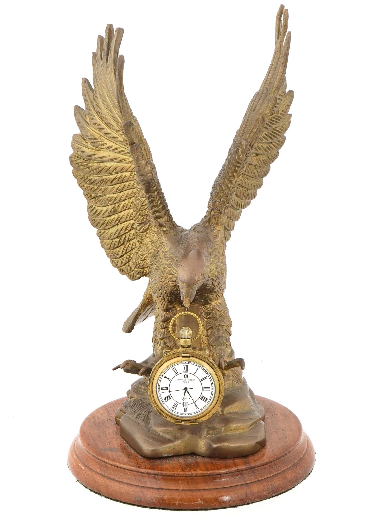 BRONZE EAGLE POCKET WATCH STAND W CHARLES HUBERT CLOCK PIC-1