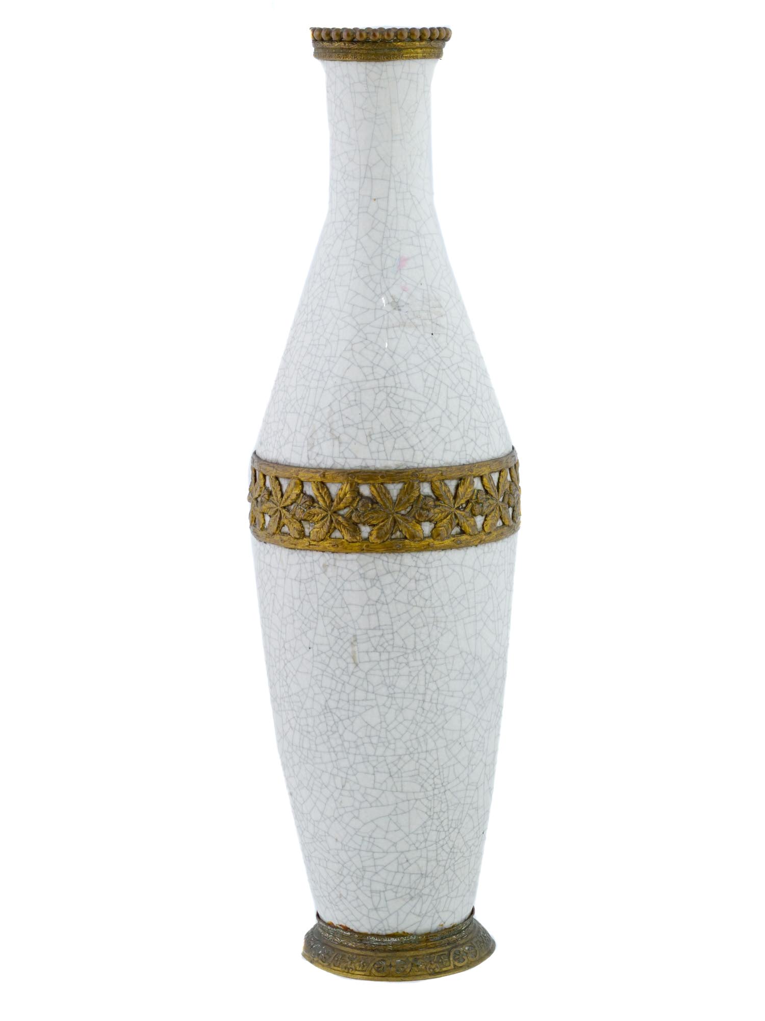 FRENCH CRACKED GLAZED CERAMIC BRASS MOUNTED VASE PIC-0