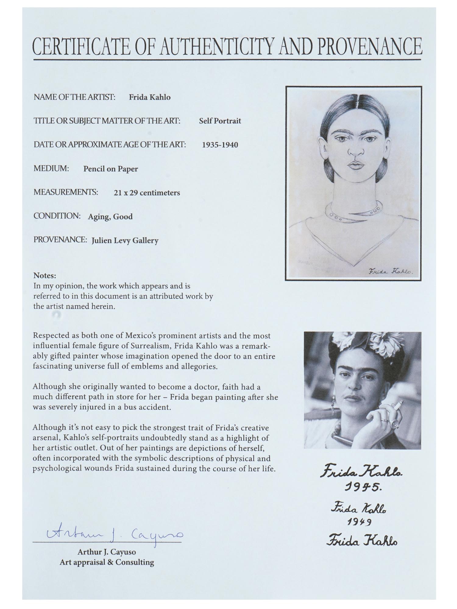 1930S SELF PORTRAIT PENCIL DRAWING BY FRIDA KAHLO PIC-7