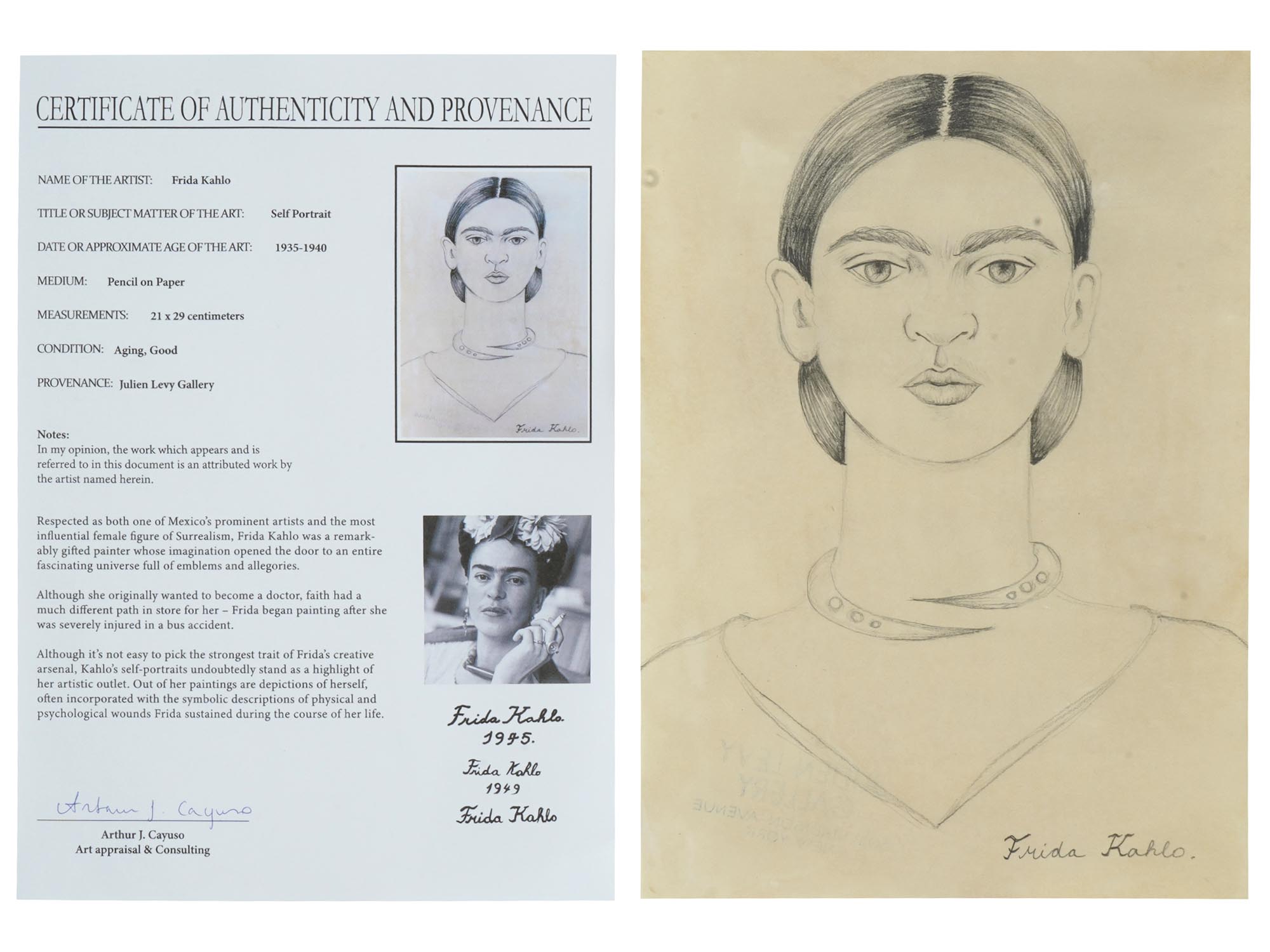 1930S SELF PORTRAIT PENCIL DRAWING BY FRIDA KAHLO PIC-0