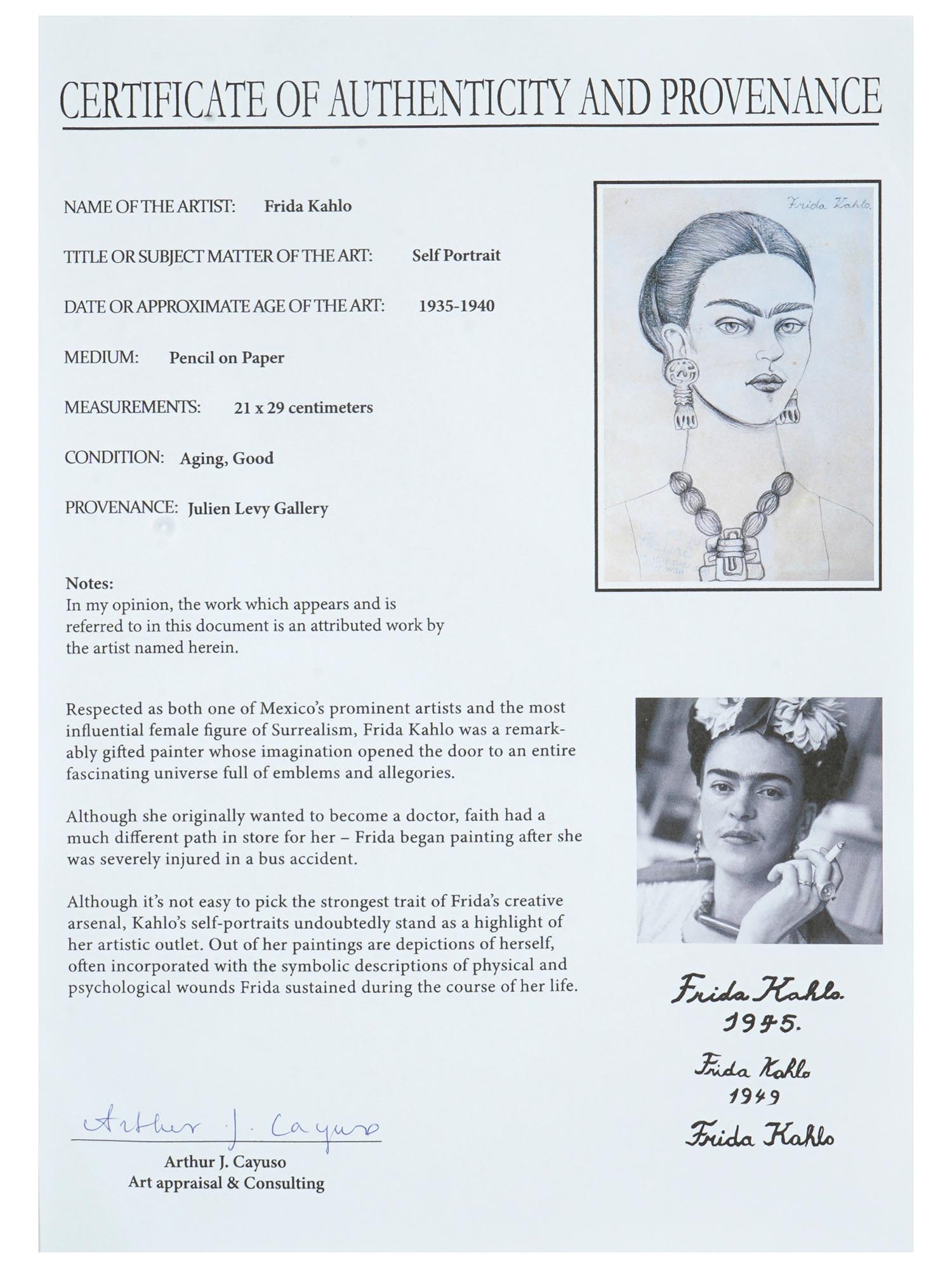 SELF PORTRAIT PENCIL PAINTING BY FRIDA KAHLO W COA PIC-6