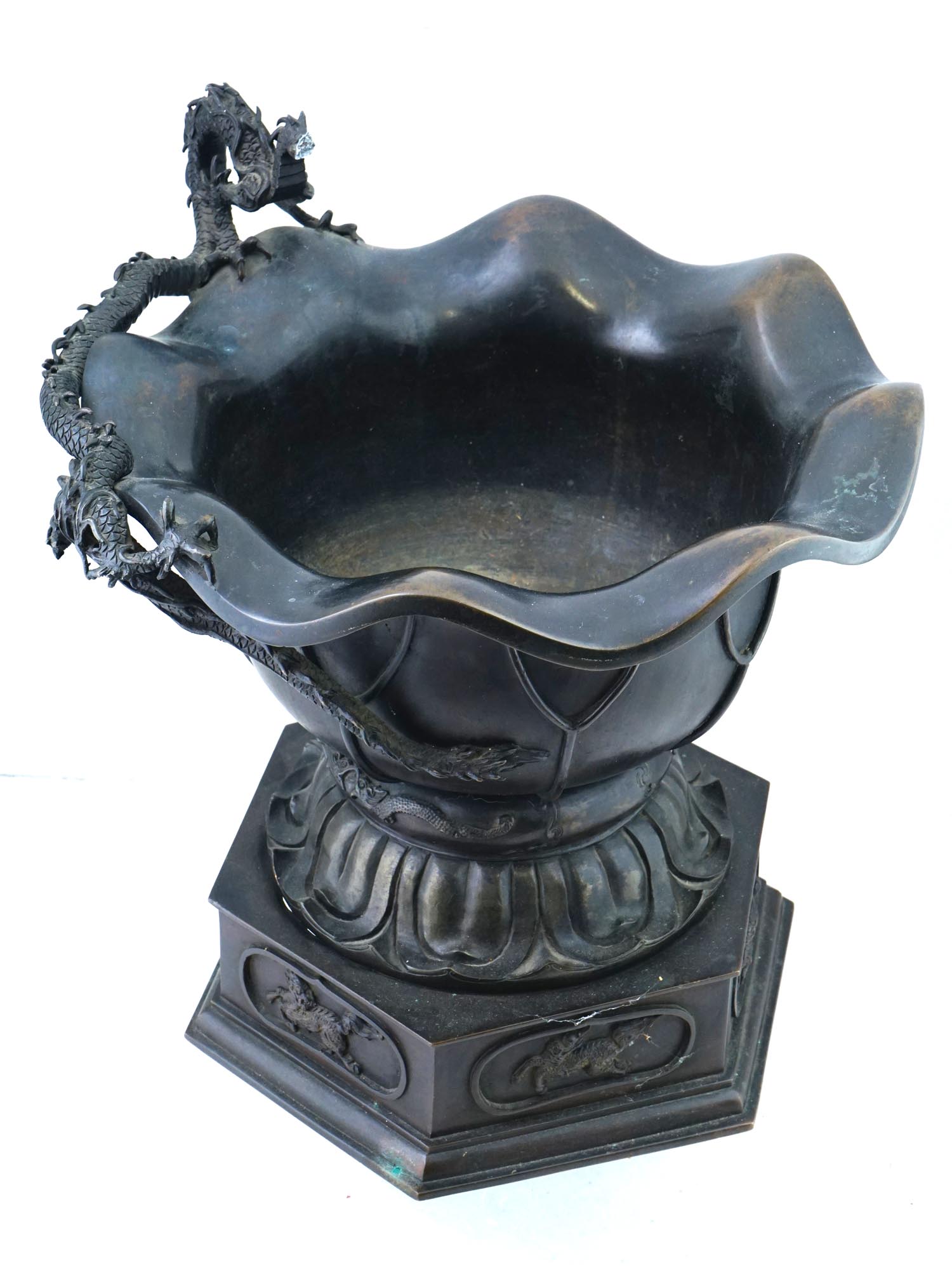 CHINESE FOOTED SCULPTED DRAGON SPELTER VASE W STAND PIC-2