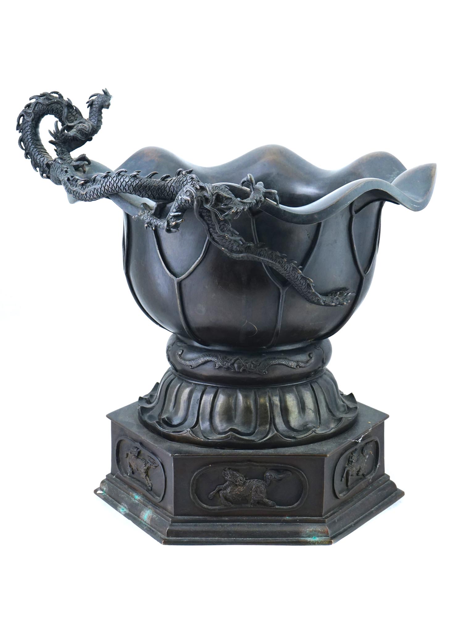 CHINESE FOOTED SCULPTED DRAGON SPELTER VASE W STAND PIC-0