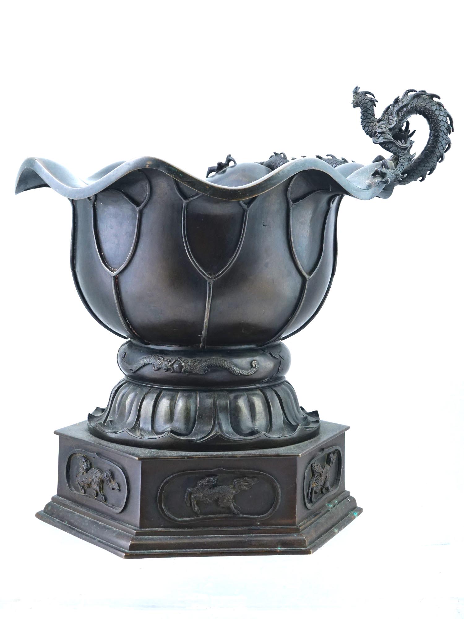 CHINESE FOOTED SCULPTED DRAGON SPELTER VASE W STAND PIC-4