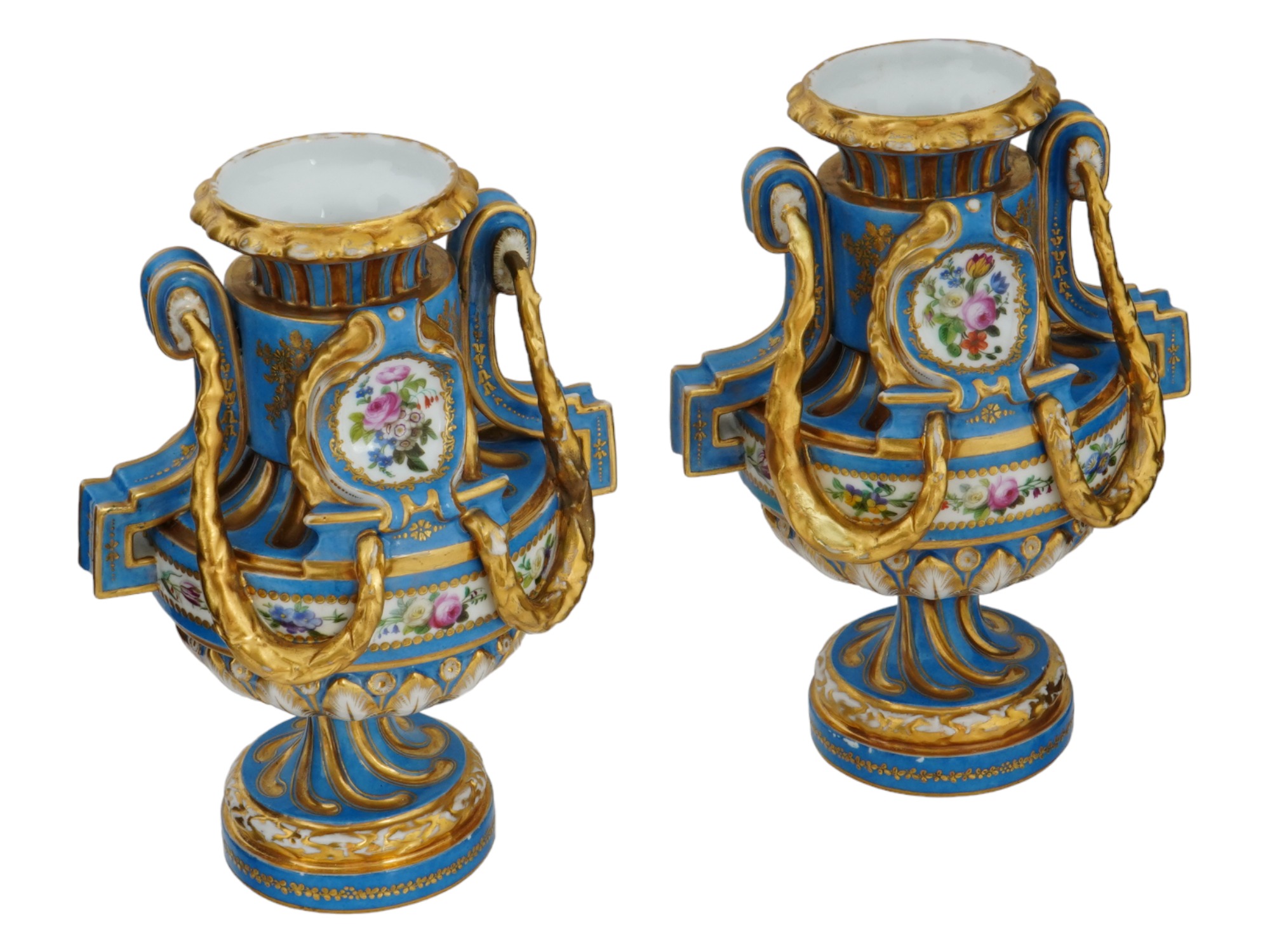 FRENCH SEVRES MANNER GILT HAND ENAMEL PORCELAIN VASES PIC-2