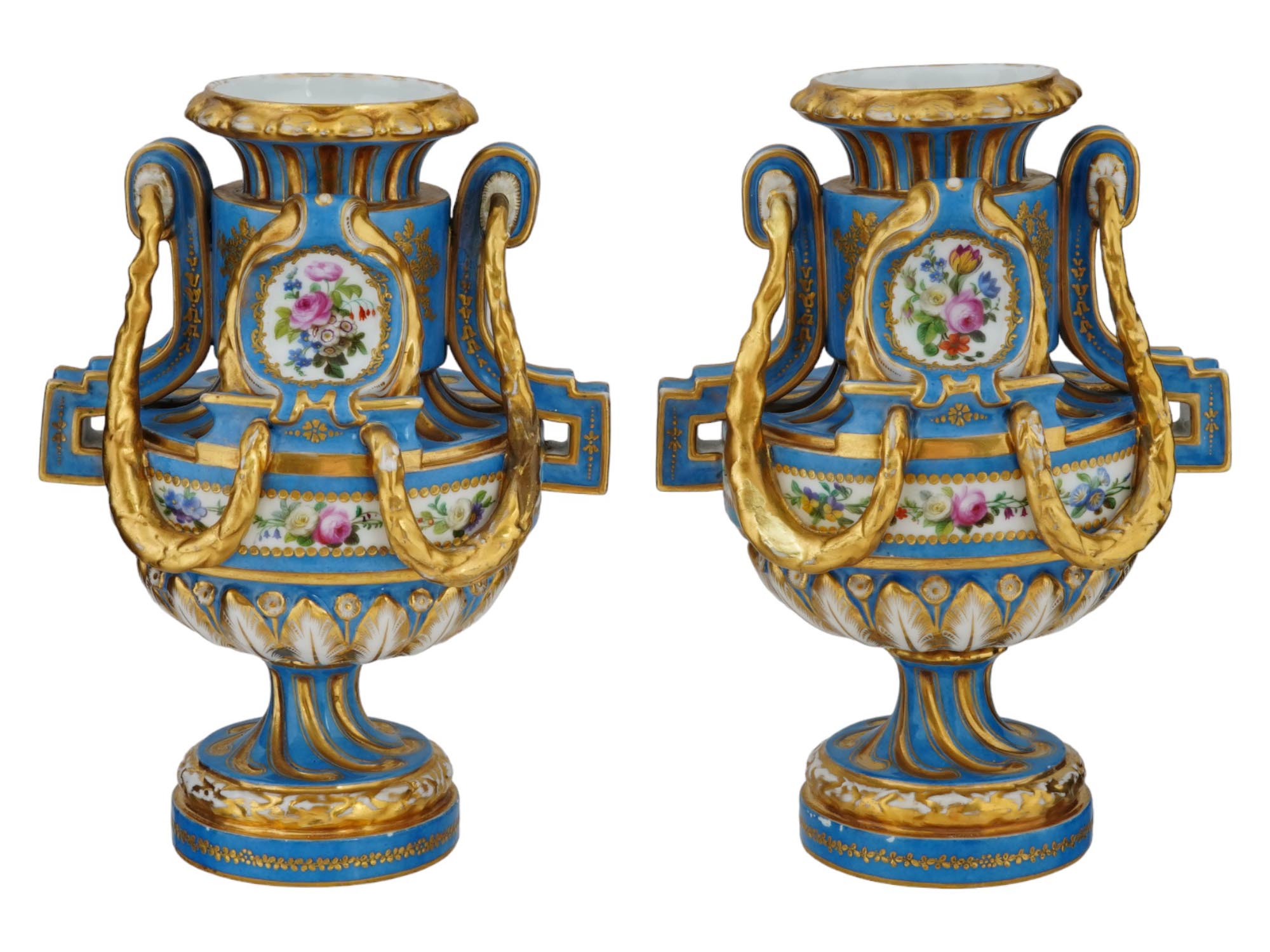 FRENCH SEVRES MANNER GILT HAND ENAMEL PORCELAIN VASES PIC-1