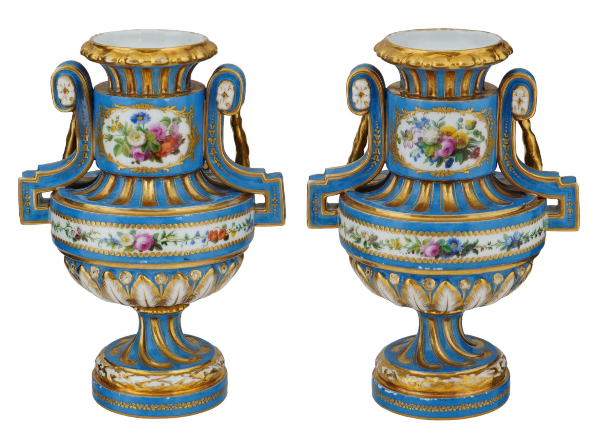 FRENCH SEVRES MANNER GILT HAND ENAMEL PORCELAIN VASES PIC-0