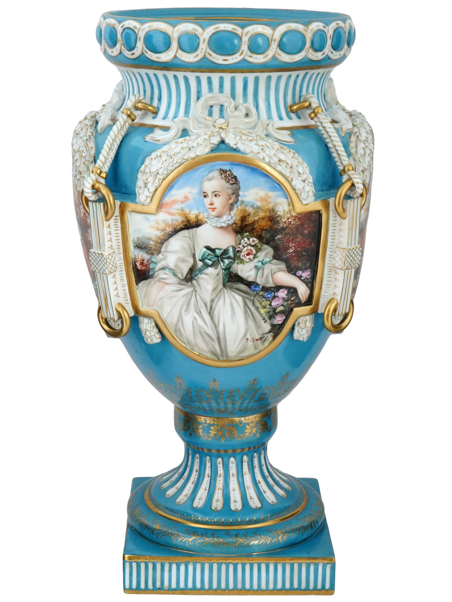 GERMAN DRESDEN PORTRAIT HAND PAINTED PORCELAIN VASE PIC-4