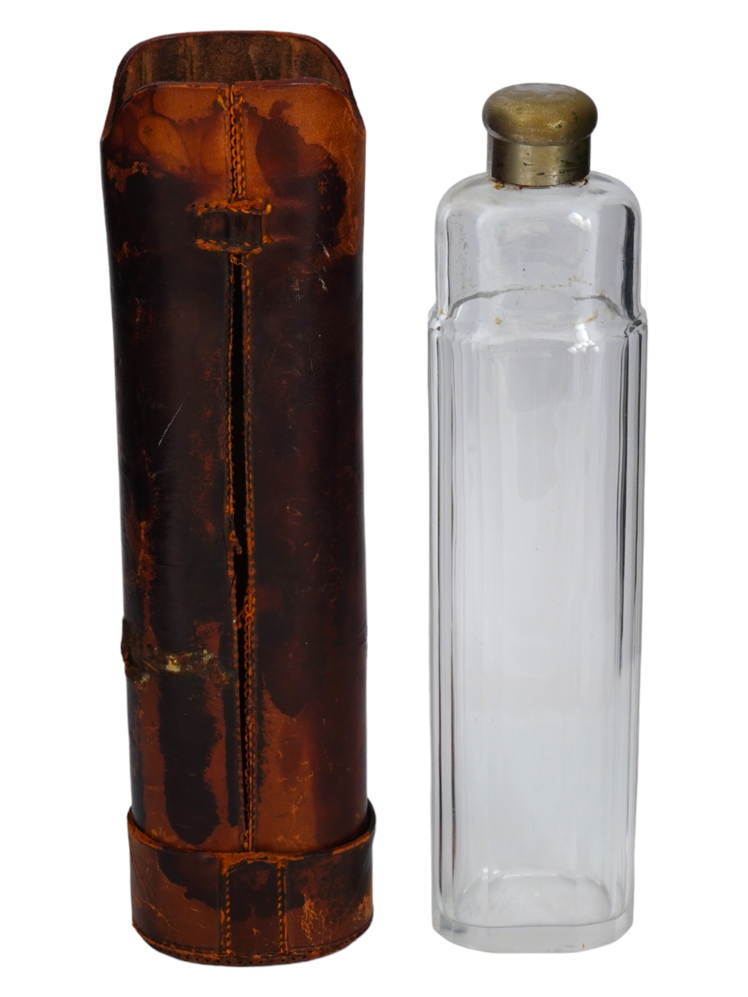 LARGE ANTIQUE GLASS FLASK WITH LEATHER CASE C 1900 PIC-0