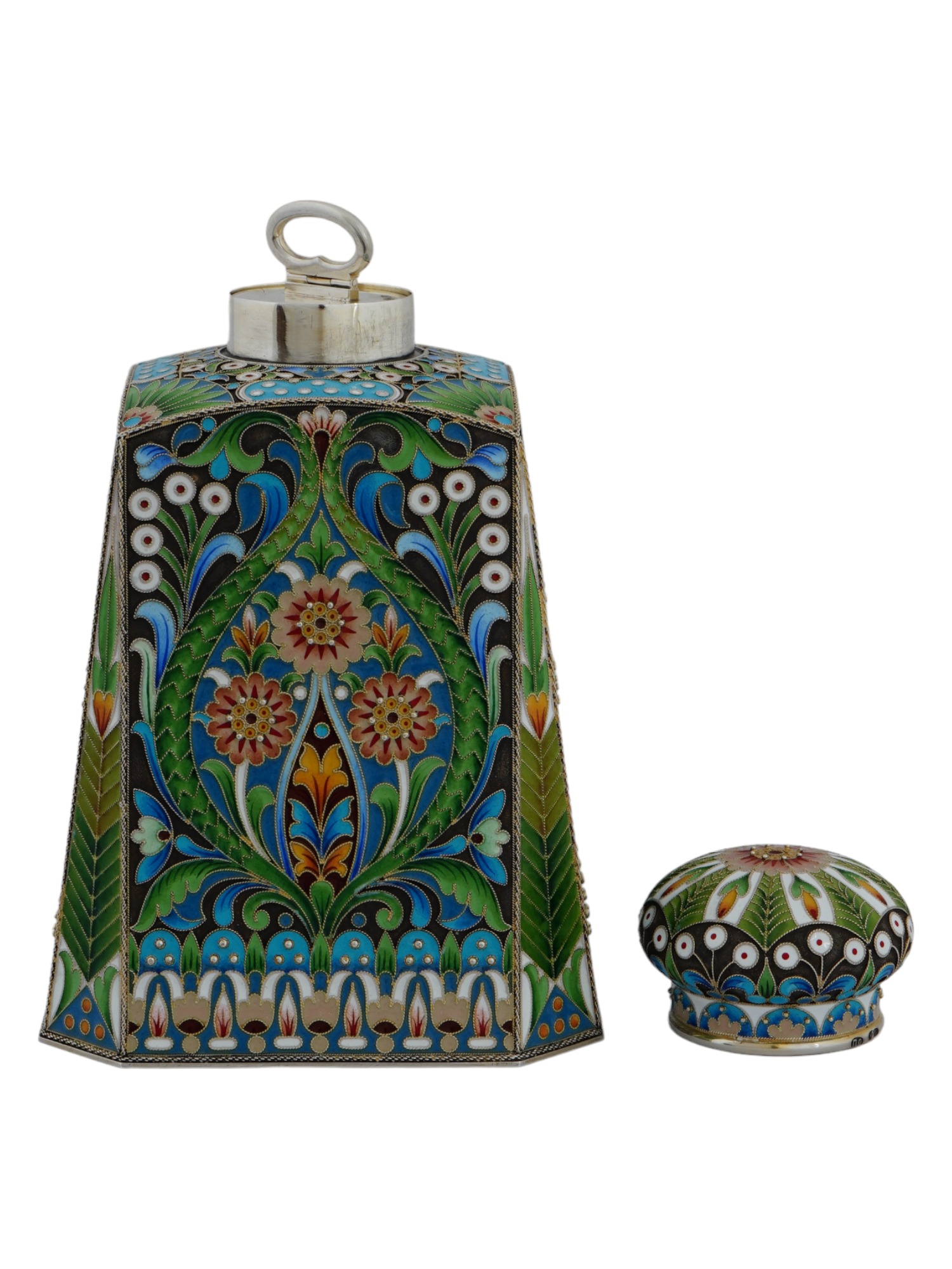 RUSSIAN 88 GILT SILVER CLOISONNE ENAMEL TEA CADDY PIC-4