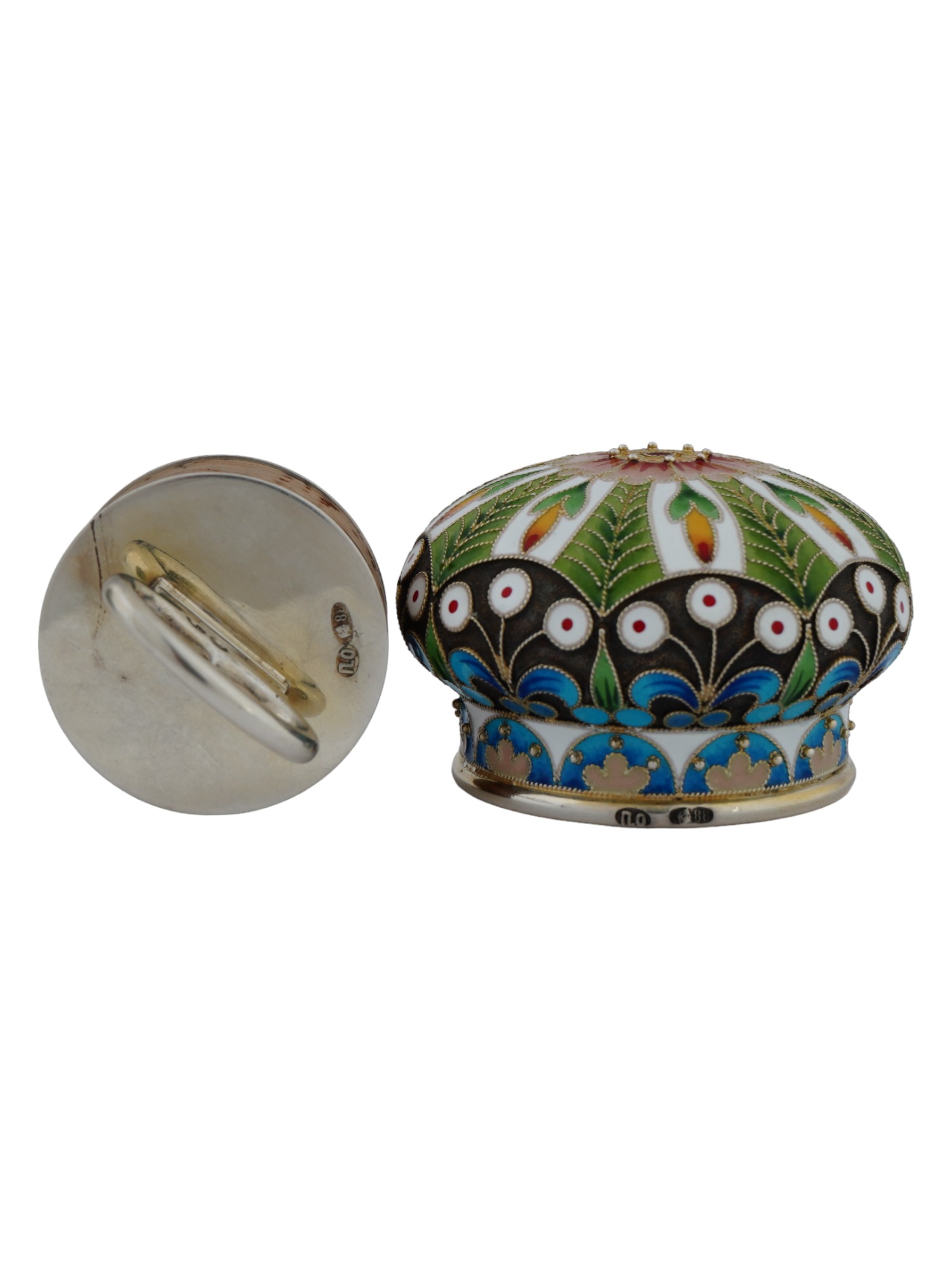 RUSSIAN 88 GILT SILVER CLOISONNE ENAMEL TEA CADDY PIC-8