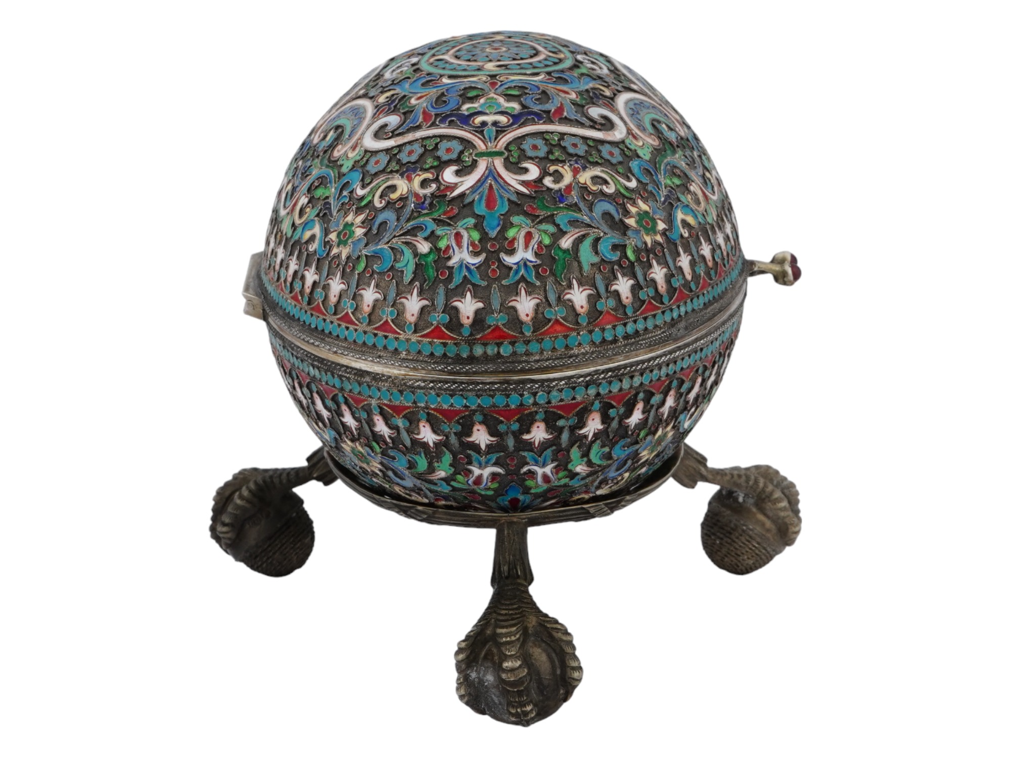 EXTRA LARGE RUSSIAN SILVER ENAMEL EGG WITH STAND PIC-2