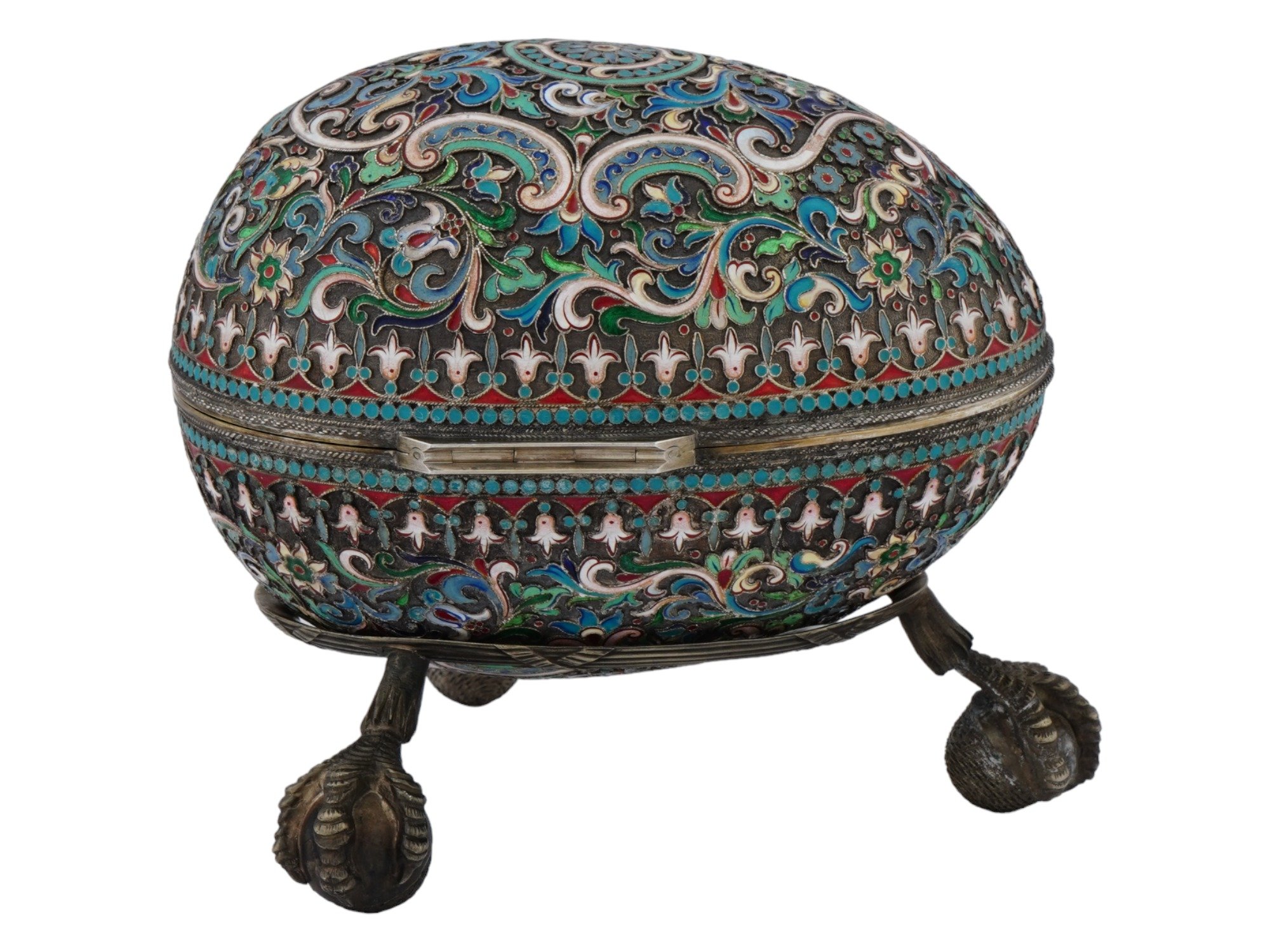 EXTRA LARGE RUSSIAN SILVER ENAMEL EGG WITH STAND PIC-1