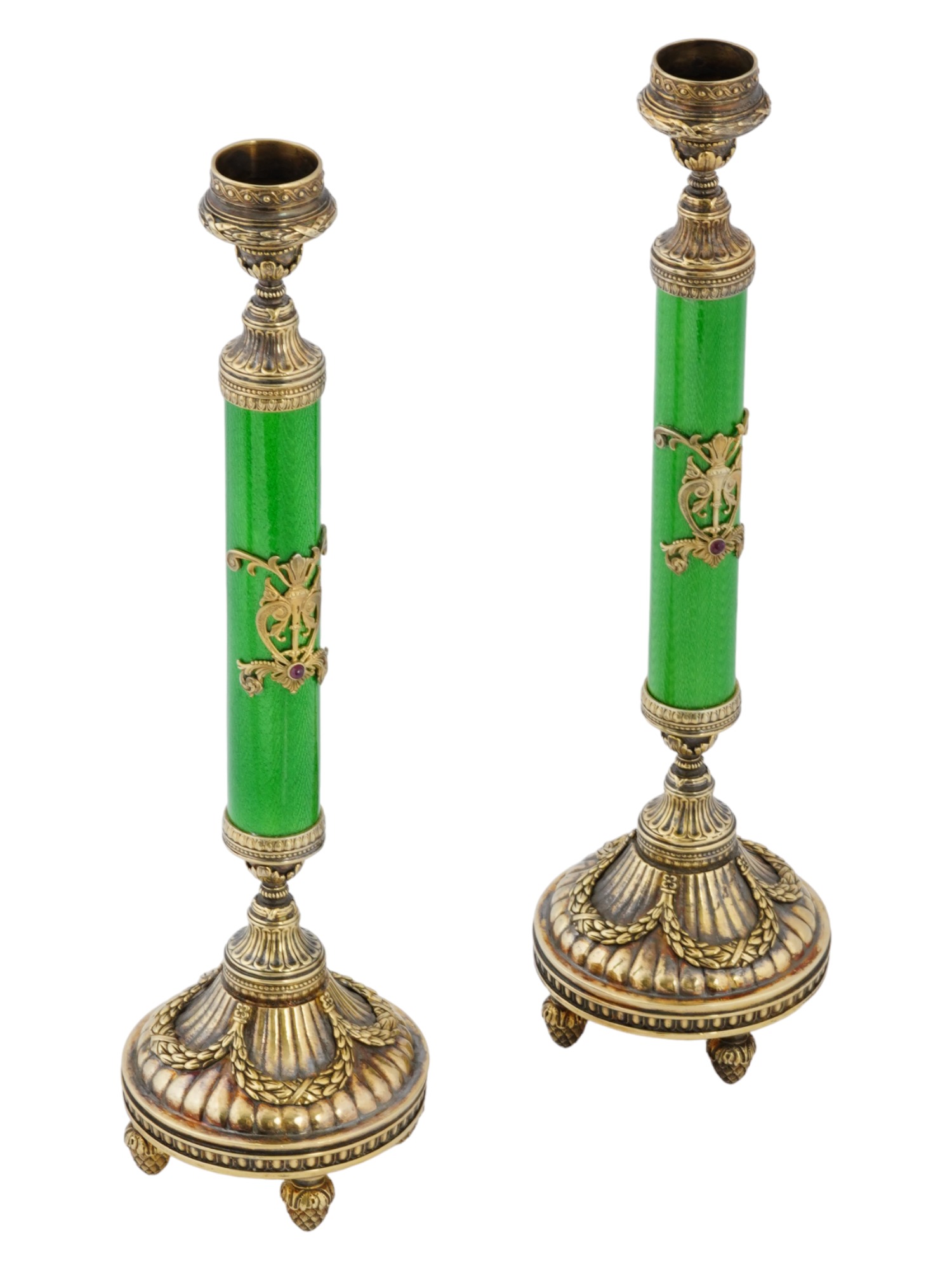 RUSSIAN GILT SILVER GUILLOCHE ENAMEL CANDLESTICKS PIC-0