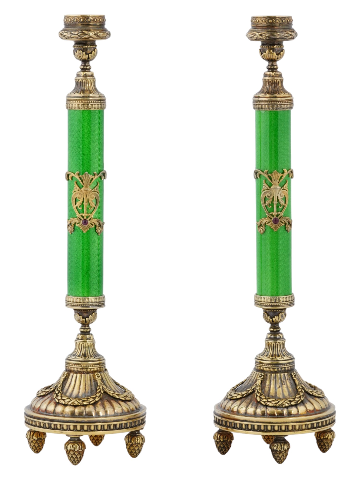 RUSSIAN GILT SILVER GUILLOCHE ENAMEL CANDLESTICKS PIC-1