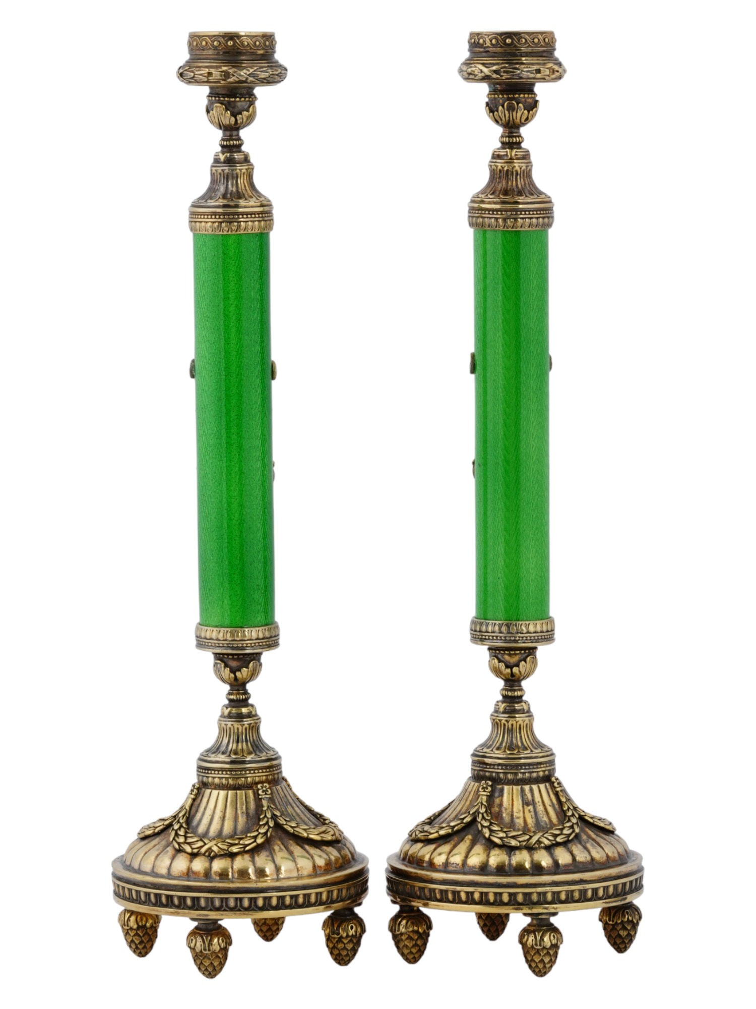 RUSSIAN GILT SILVER GUILLOCHE ENAMEL CANDLESTICKS PIC-2